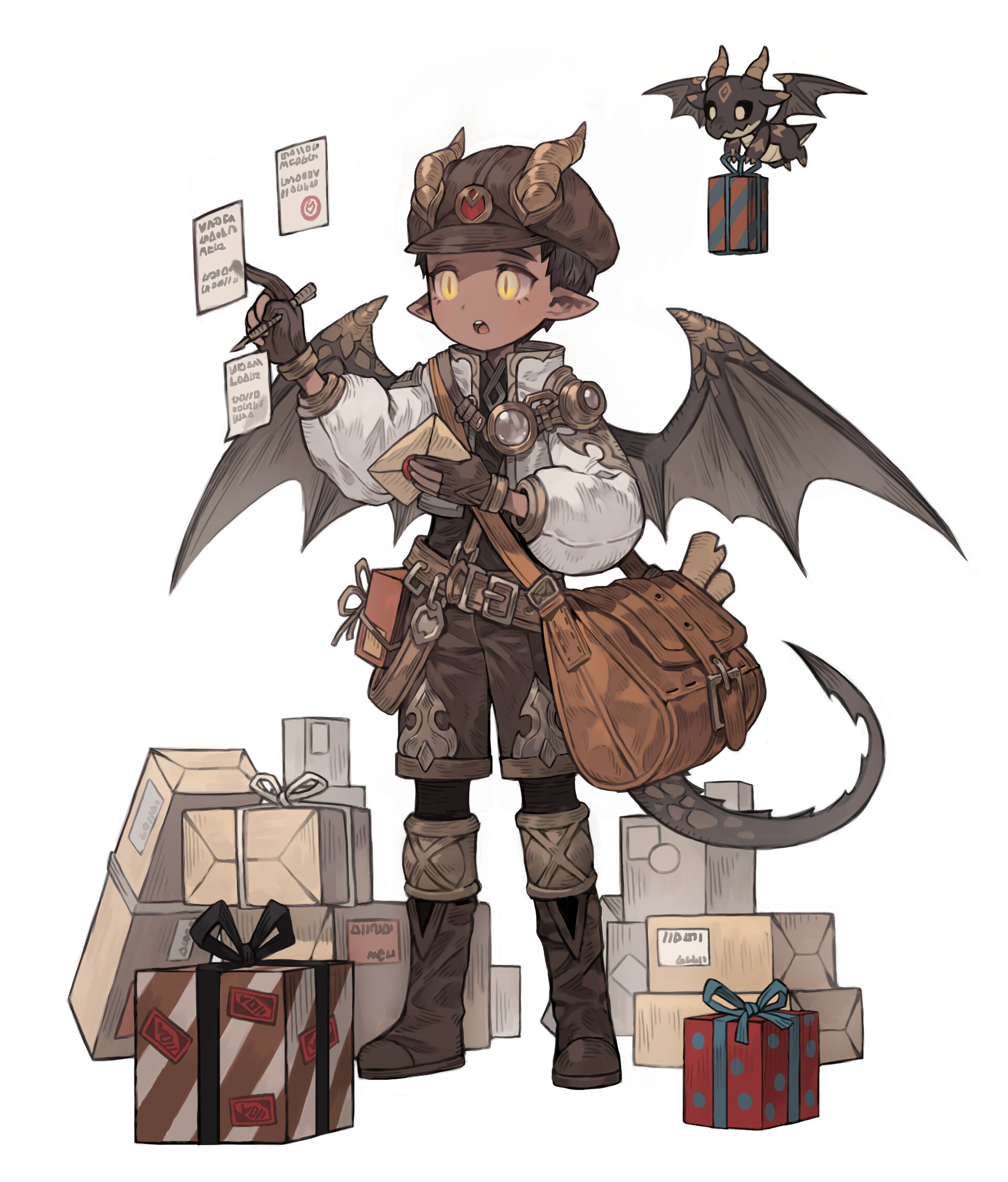a cute, cartoonstyle character with brown skin, black bat wings, horns, and a tail. the character is likely a postman in a fantasy setting, implied by their satchel, hat, uniformlike attire, and the numerous packages and letters surrounding them. they hold a letter in one hand and use the other to place a stamp. a small dragonlike creature with green and orange details hovers near them, holding a small package. the overall color palette is warm and earthy.