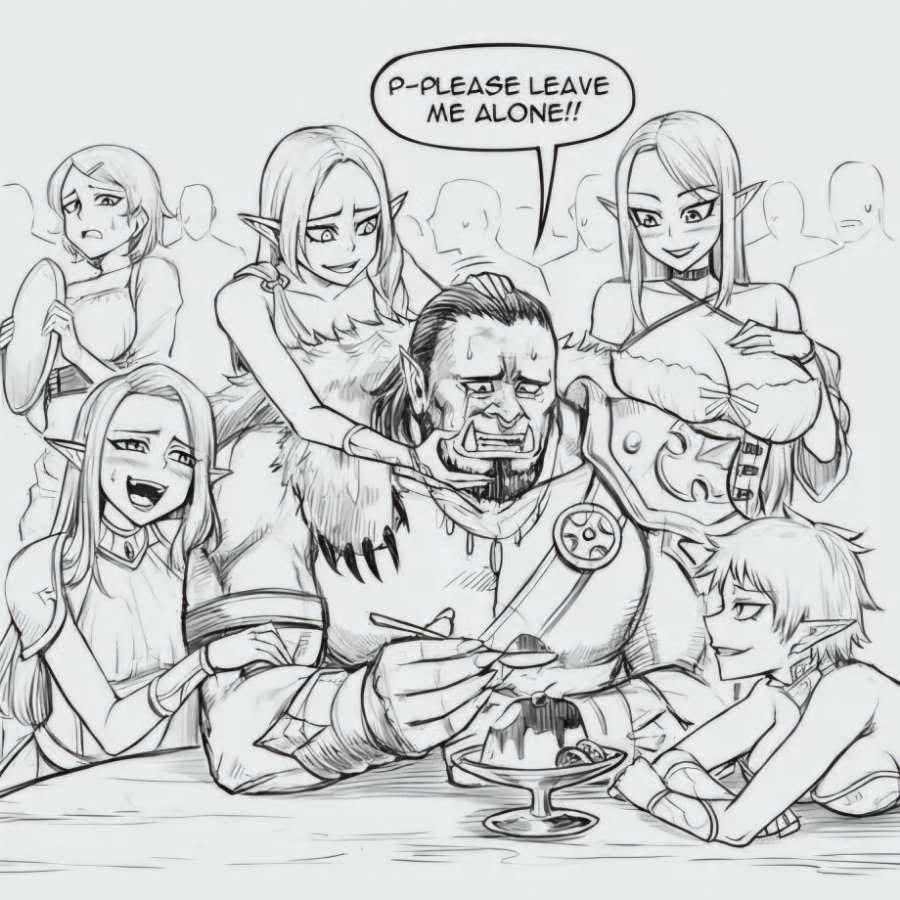 a drawing depicts an orc seated at a table, attempting to eat a dessert with a spoon, surrounded by several elves. the elves are shown close to the orc, some touching him with smiles or sly expressions. the orc appears distressed with tears running down his face and a speech bubble saying "pplease leave me alone!!" in the air above his head. behind them, a blurred crowd of indistinct people can be seen. the art style is similar to anime or manga, with detailed linework and expressive characters.