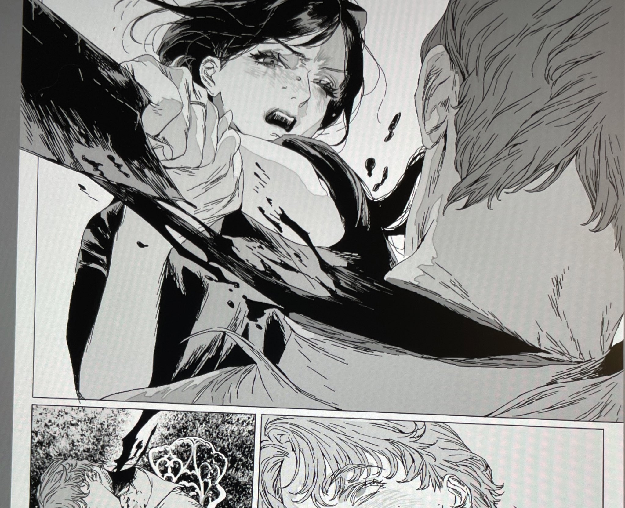 the image is a panel from a manga, rendered in black and white. it depicts a violent scene where a woman with dark hair is being choked by a person with light hair. the woman is visibly distressed, with tears streaming down her face and an expression of fear and pain. a hand is firmly grasping her throat. splatters of a dark substance are present, adding to the sense of aggression. there are two smaller panels beneath, one showing the man on the ground and the other depicting the man’s ear.