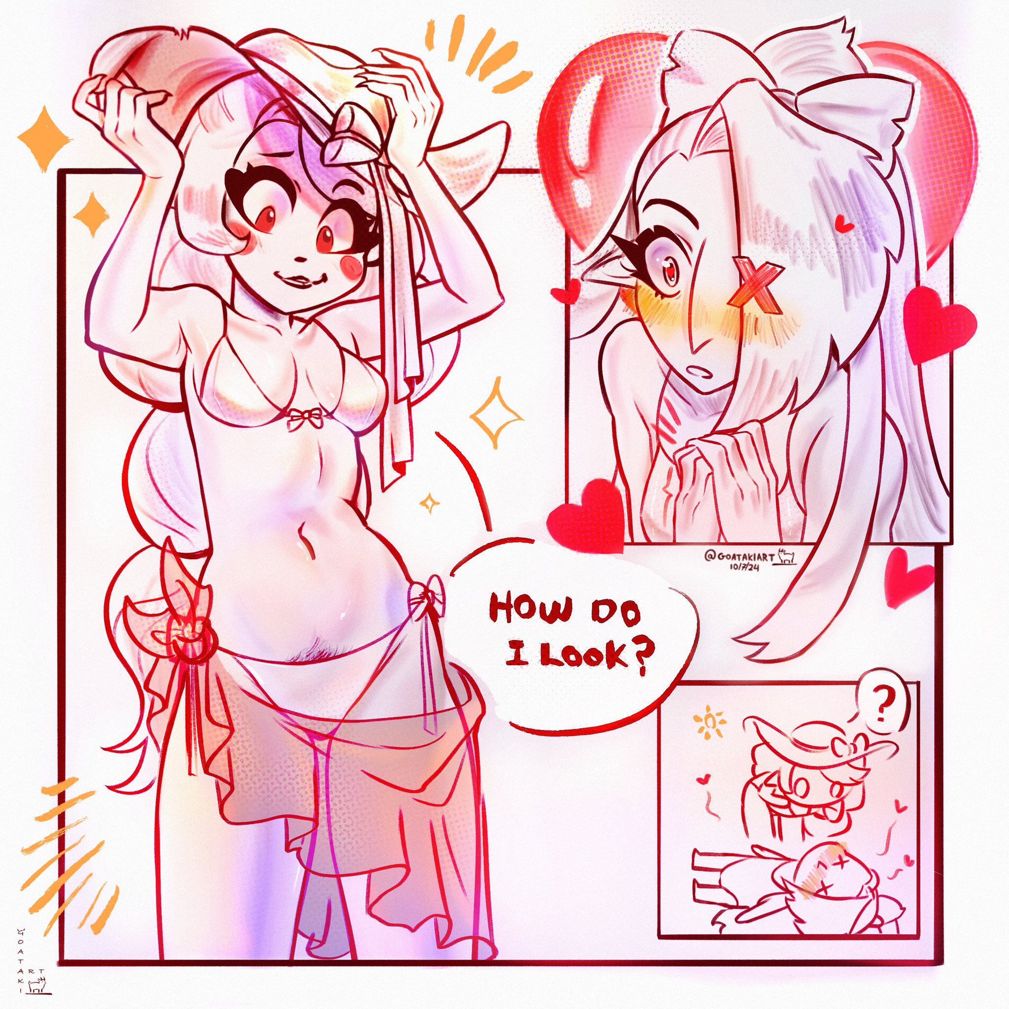 the image depicts a comicstyle illustration featuring two female characters. the first character, in the left panel, is a woman with pink hair who is dressed in a bikini and a sarong. she is looking at the viewer and asking, "how do i look?" the second character in the right panel is a woman with blonde hair, wearing a white dress. she is looking down and blushing with a red 'x' on her face. there are red hearts around her, and she is in a speech bubble that says, "??". in the bottom right corner of the image, there is a smaller panel depicting a scene with two characters, one of which is a woman with blonde hair, wearing a white dress and a hat. the other character, a whitehaired girl, looks like she is fainted or knocked out. there are red hearts and a sun in this small panel. the background of the image is pink with yellow and red accents. the overall style of the image is cute and fun, with a strong focus on the female characters.