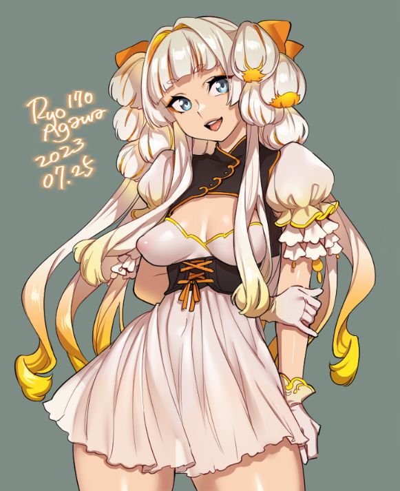 this is a digital drawing of an anime girl. she has long blonde hair with yellow highlights. she is wearing a white dress with yellow and orange accents. she is smiling and looking to the right of the viewer. her eyes are blue and she is wearing a bow on her hair.