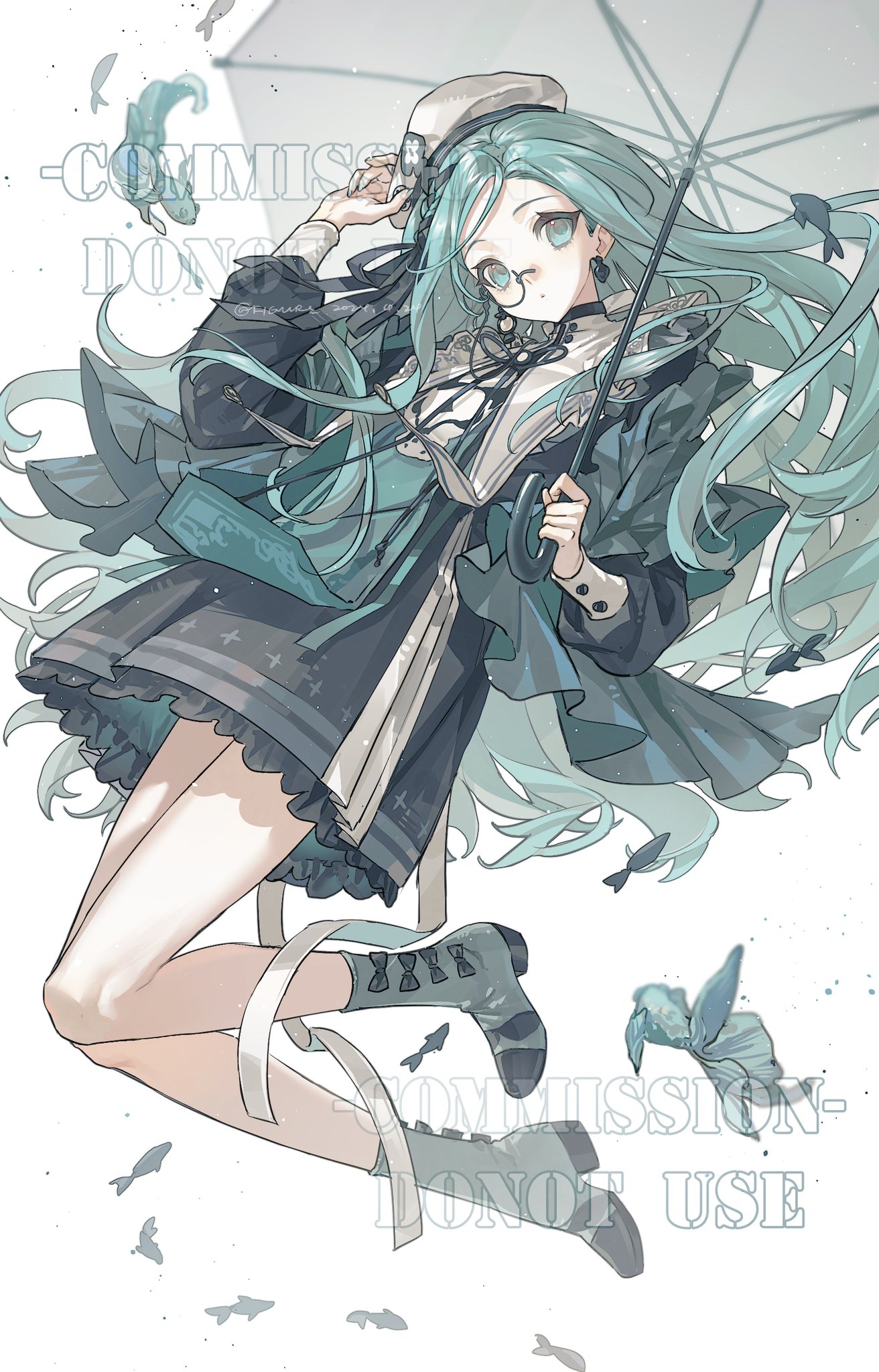 an anime girl with long blue hair, wearing a hat and glasses, is holding an umbrella. she's wearing a dress and boots. there are fish and birds around her.