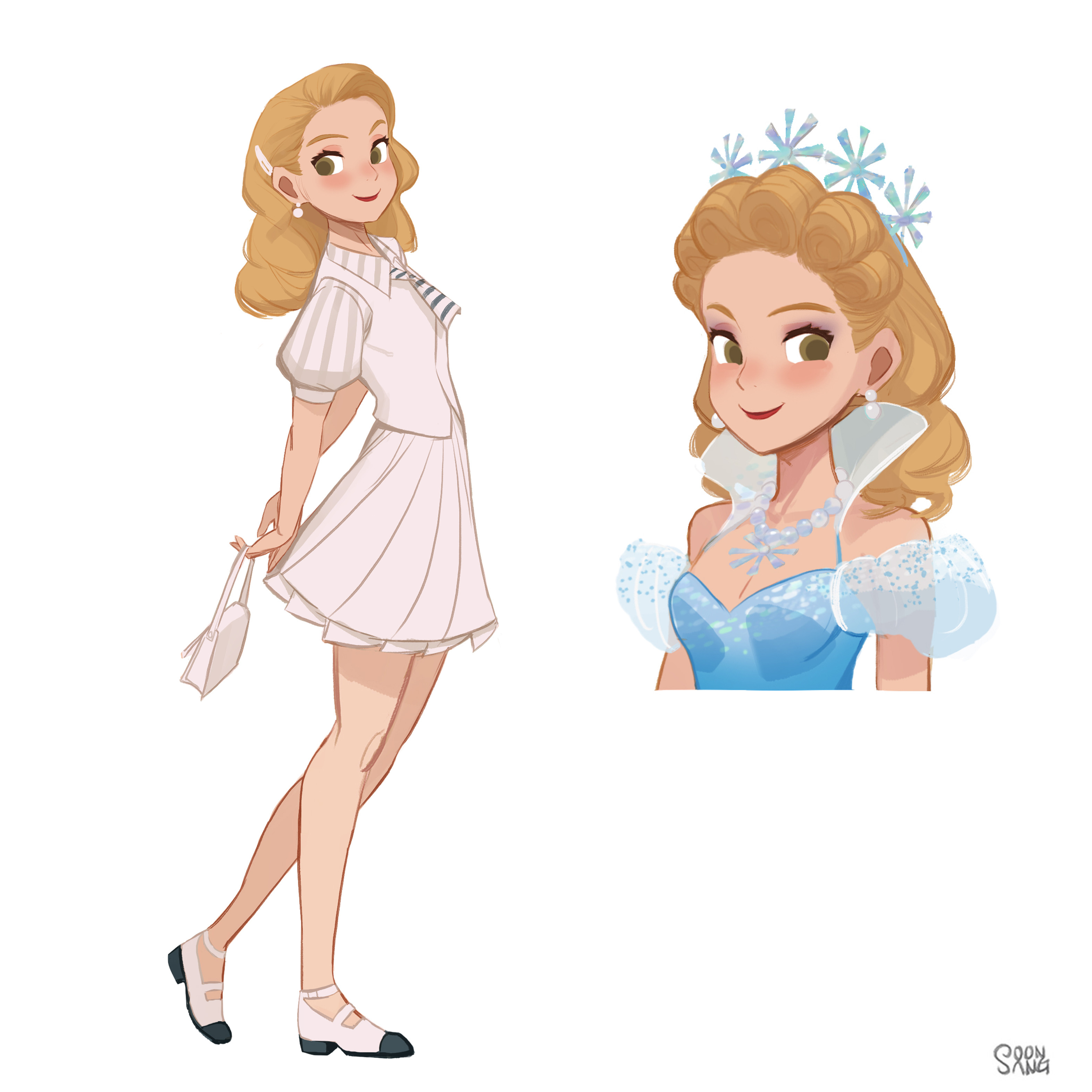 the image showcases two stylized depictions of a young woman, likely the same individual in different attire. the figure on the left presents a fullbody view, styled in a retro fashion reminiscent of the 1950s. she dons a white collared dress with short sleeves, a small white purse, and black and white shoes. on the right, a headandshoulder portrait reveals the woman in an elegant blue dress, suggesting a transformation or a costume change. this dress features sheer sleeves, a snowflakelike pattern, and a plunging neckline. her hair is styled in an updo adorned with a sparkling tiara, adding to the glamorous look.