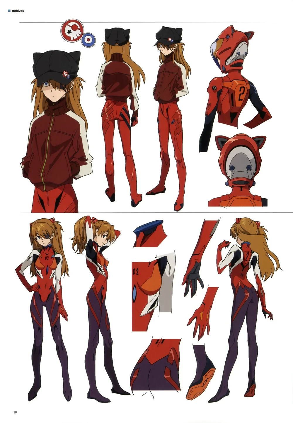 this image is a character design for asuka langley soryu from the anime neon genesis evangelion. it shows her in the eva02 suit, with different poses and closeups of the suit's details. there are also separate images of the suit's helmet and parts of the suit.