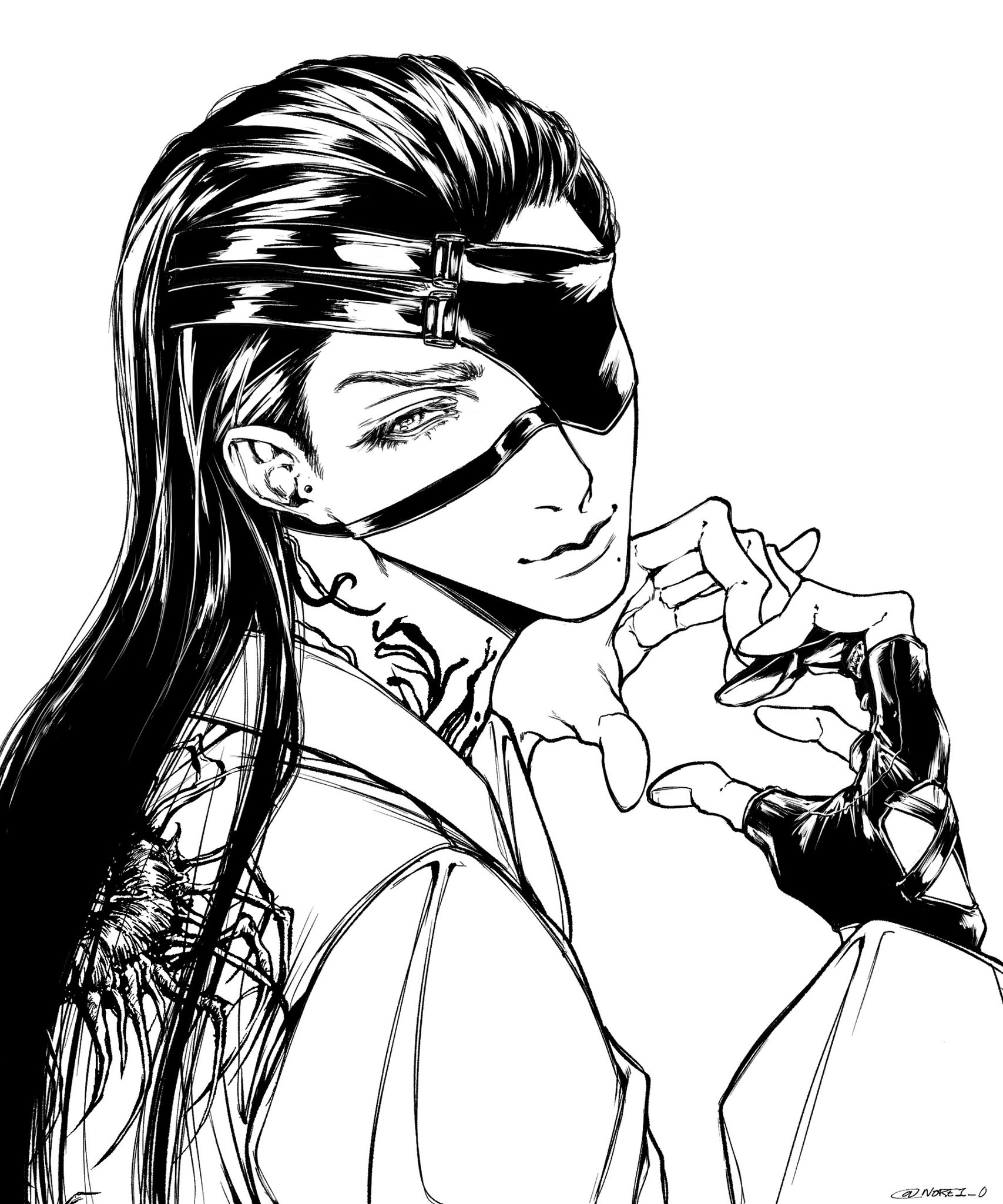 this is a black and white illustration of a mysterious, elegant, and stylish anime character. the image is drawn in a manga style, with a focus on detail and intricacy. the character has long black hair, an eye patch, and is wearing gloves. the image is drawn from a side view, and the character is looking off into the distance. they have a cool, dark, and mysterious appearance.