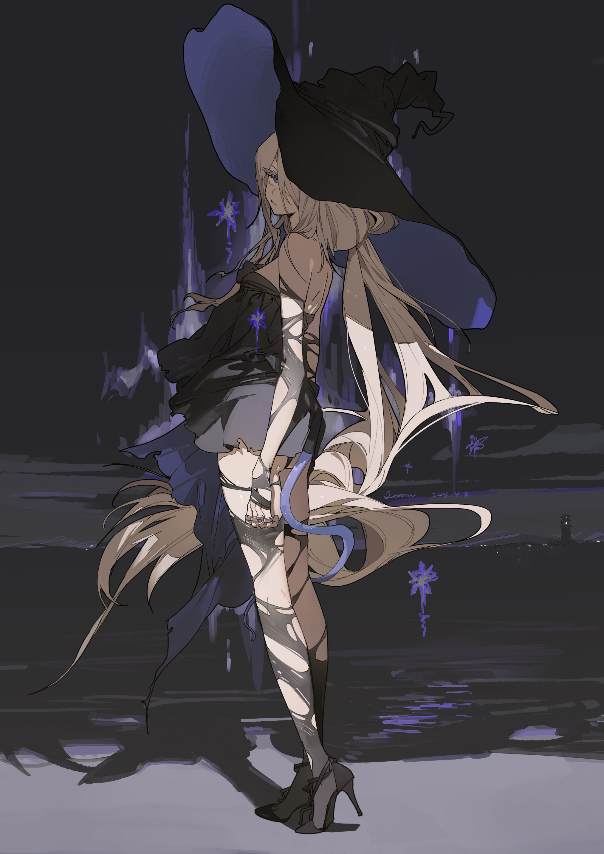 he image is a digital painting or illustration of an animestyle girl who appears to be a witch. she has long blonde hair and is wearing a large blue and black witch's hat, a dark dress, stockings, and highheeled shoes.  she's standing with her back to the viewer, seemingly gazing at something in the distance. the background is dark and atmospheric, suggesting nighttime near a body of water, with faint glowing purple stars or magical particles in the air.  the overall style is elegant, mysterious, and slightly melancholic. the artwork is highly detailed, showcasing impressive artistic skill in rendering texture, light, and shadow.