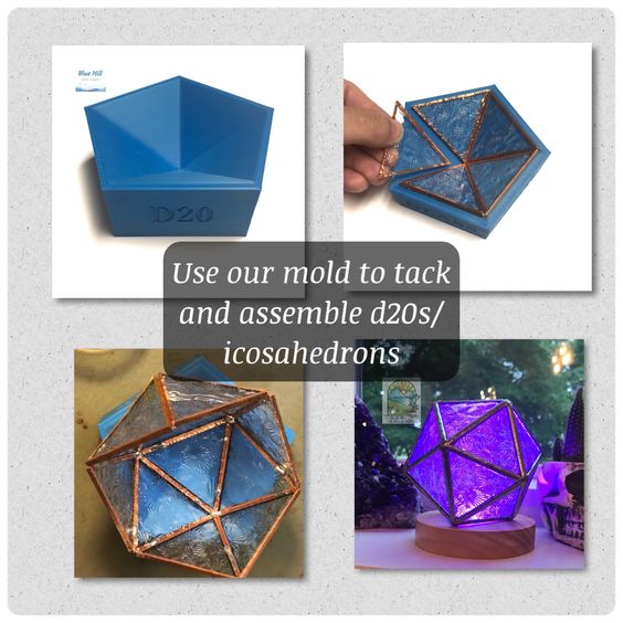 the image is a collage of 4 different photos. the top left image shows a blue plastic mold for making a d20 dice. the top right image shows a person holding a partially assembled blue and gold stained glass d20. the bottom left image shows a completed copper and blue stained glass d20. the bottom right image shows a purple stained glass d20 on a wooden base with a skull in the background. the text "use our mold to tack and assemble d20s/icosahedrons" is overlaid on the image.  the image shows the process of creating a stained glass d20 dice using a plastic mold.