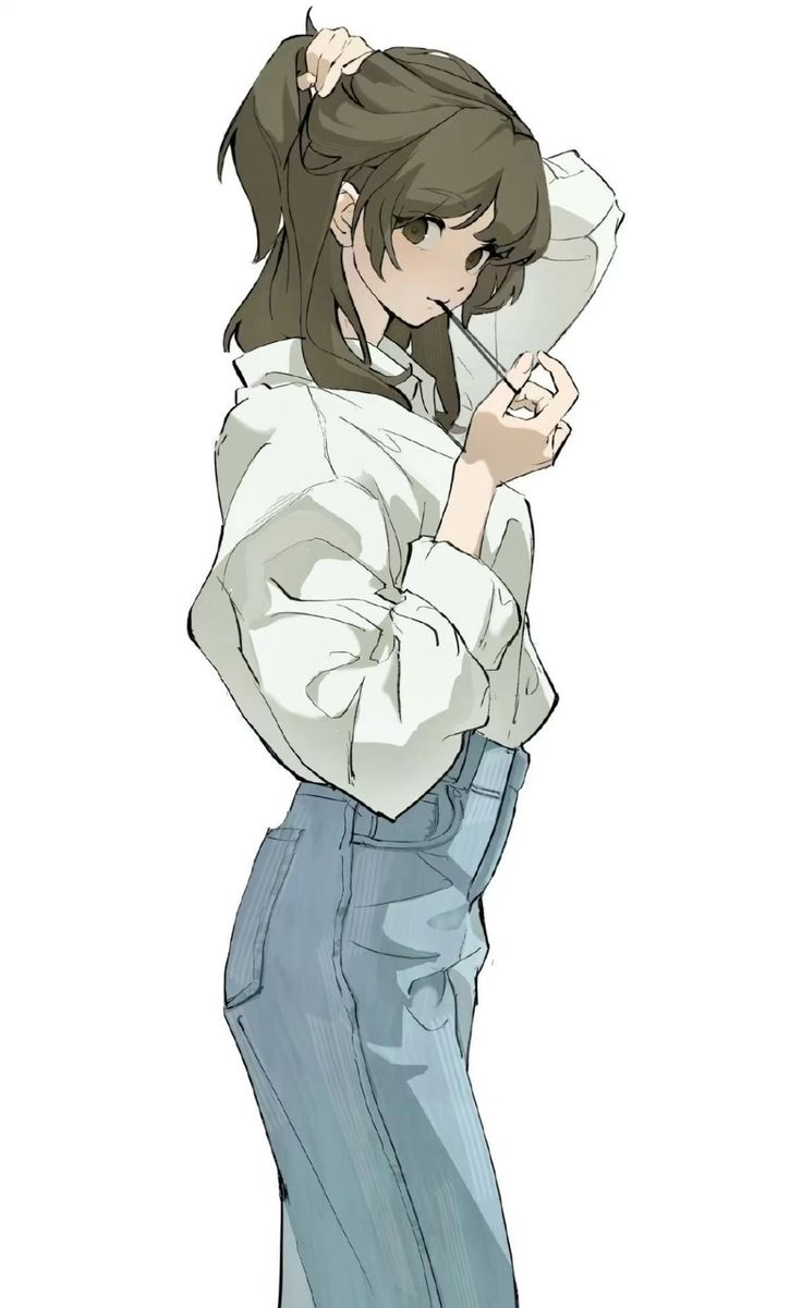 this is an animestyle illustration of a young woman. the illustration is drawn in a loose and sketchy style. the woman has brown hair in a high ponytail, brown eyes, and is wearing a loosefitting white shirt and blue jeans. the perspective is from a slightly low angle.  she appears to be putting on lipstick. the background is plain white.