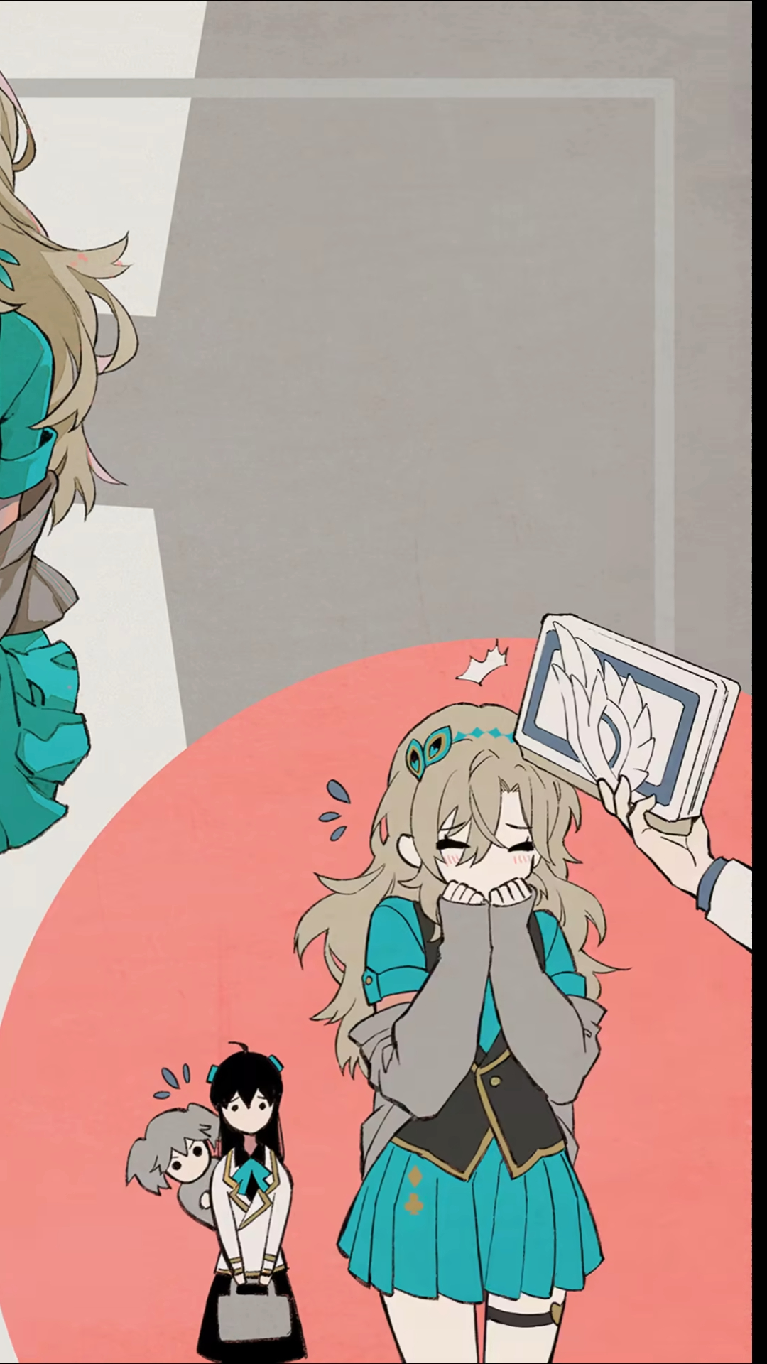 the image is a digital illustration in an anime/manga style. it features three female characters. the main focus is on a lightskinned girl with long blonde hair styled in a slightly messy fashion. she is wearing a teal skirt and matching jacket over a dark vest, and is clutching her hands in front of her face. a hand from an unseen person is holding a book with a winglike design above her head. another girl with short dark hair and a similar style school uniform stands to her left with a smaller character appearing to be behind her.  in the upper left, a portion of another girl with light brown hair and a teal top is visible. the style is soft and charming, with a pastel color palette predominating. the overall mood is lighthearted and friendly.