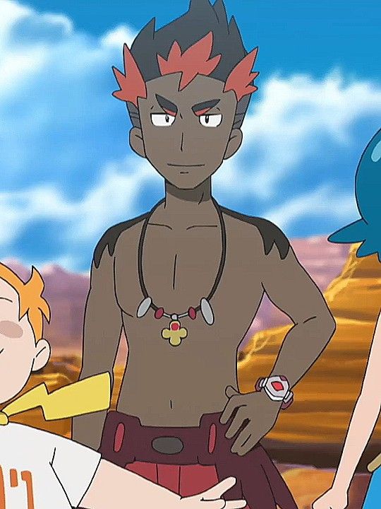 a shirtless anime character with red hair and black skin stands in front of a blue sky with clouds. he has a necklace on his chest and a watch on his wrist. he appears serious and confident with a determined expression. he is standing with his arms at his sides. his right hand is resting on his hip and his left arm is slightly bent at the elbow. the background is a blurred blue sky with white clouds.