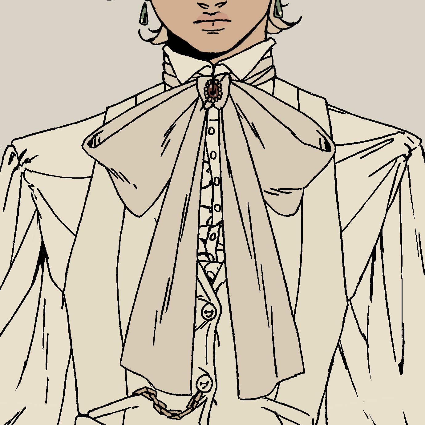 a drawing of a man with a bow tie, suit, and chain. the man is drawn in a minimalist style with black outlines and filled with light beige color.  he's wearing a suit with a large bowtie, and has a long chain hanging down from his pocket.  the man's face is partially hidden by his hair.  the image has a vintage feel to it, and the drawing is simple and elegant.