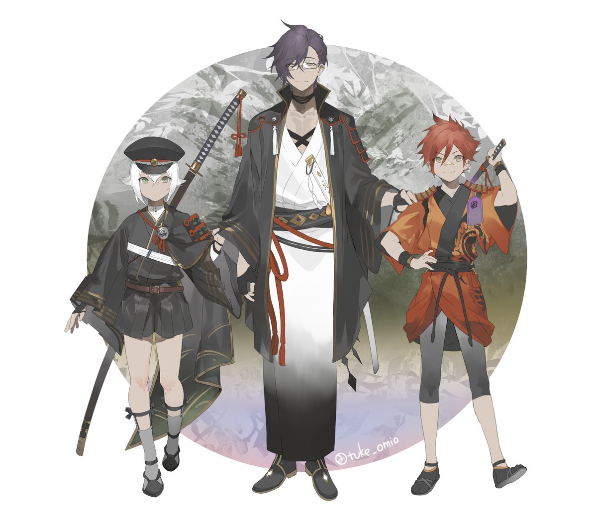 an animestyle drawing of three characters standing together, set against a minimalist backdrop of a grey circle and white background. the central figure is a tall man with dark purple hair and glasses, dressed in a black and white robelike outfit, a red sash, and holding a katana. to his left is a young, paleskinned boy with white hair and a black uniform with gold accents, also holding a katana. on the man's right stands a shorter boy with bright orange hair, wearing an orange and black outfit and holding a smaller sword. all three have friendly expressions, suggesting a close bond. the overall lighting is soft and emphasizes the characters, while the slight low angle adds a sense of dynamism to the composition.