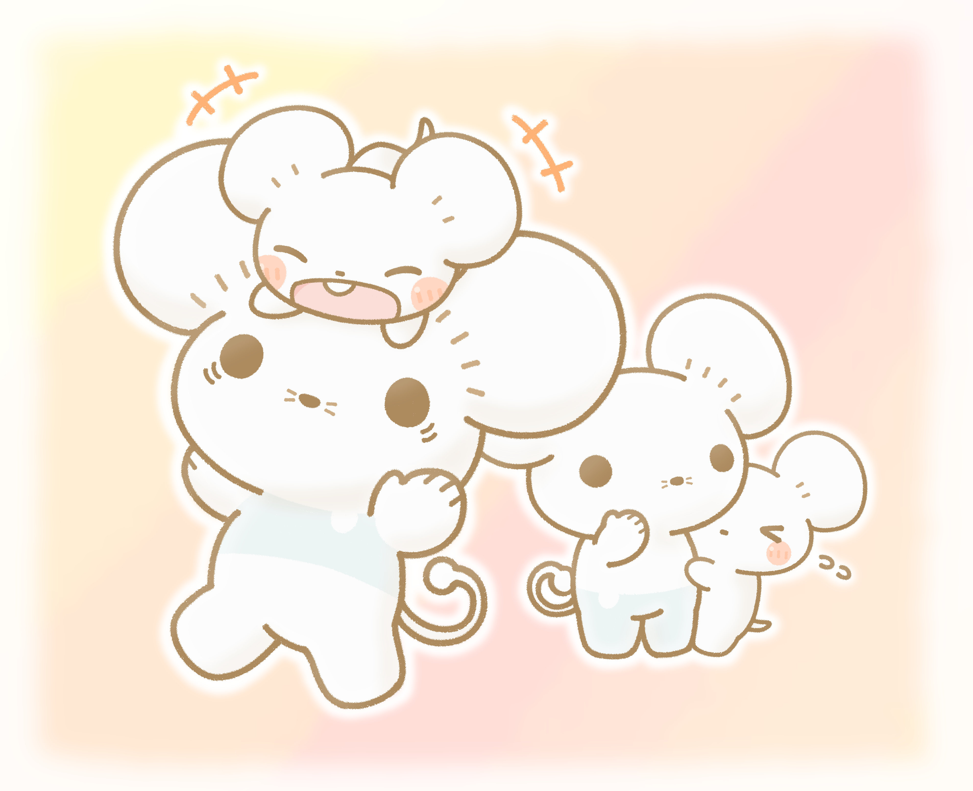 the image is a digital drawing of three cute cartoon mice.  the largest mouse is carrying a smaller mouse on its head, and another smaller mouse is clinging to the side of the second largest mouse. all three mice are white with large ears and simple features, giving them a soft, cuddly appearance. the art style is reminiscent of kawaii and anime/manga, with pastel colors and a soft, slightly blurry background. the overall mood is one of happiness, warmth and family.