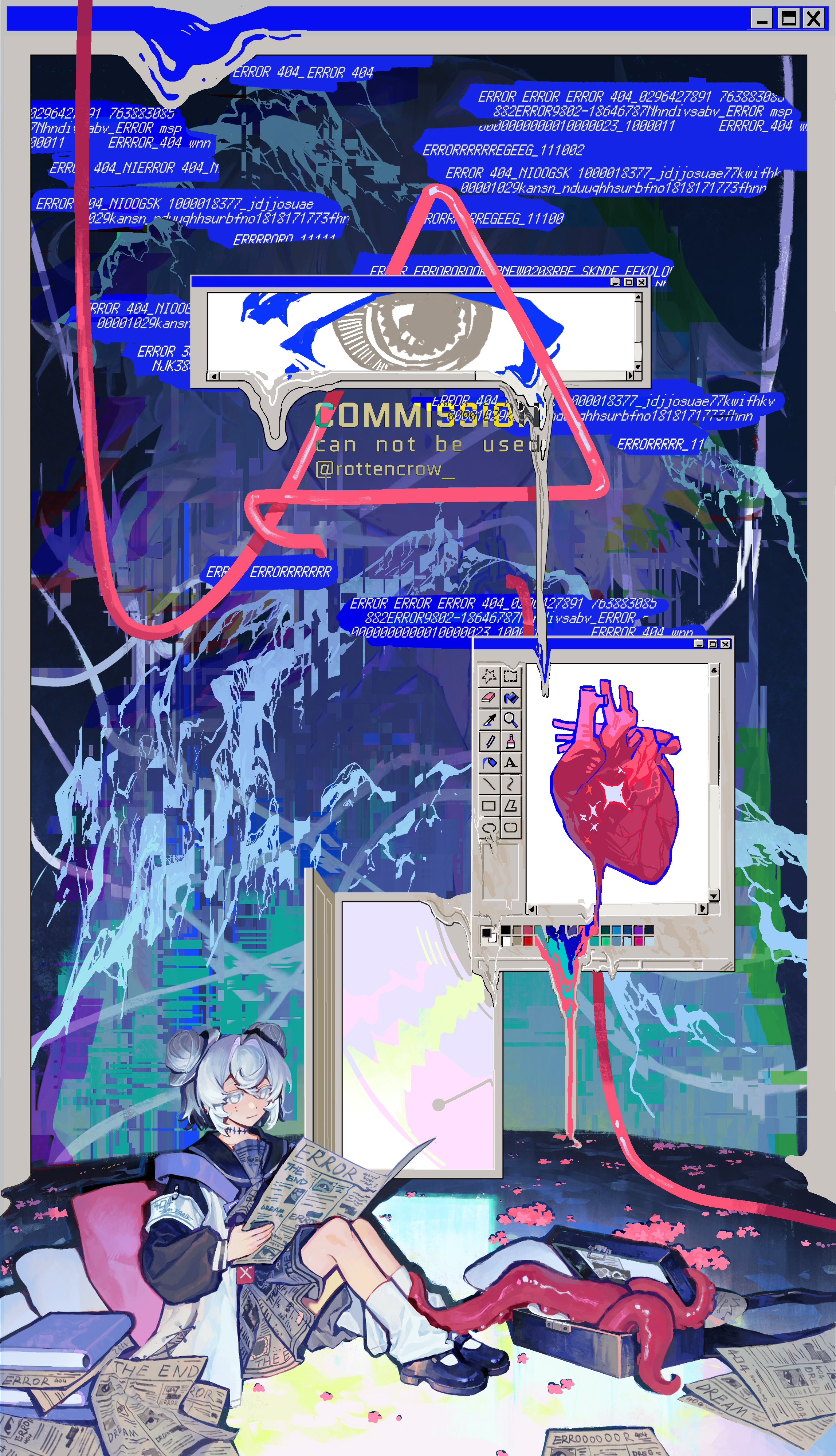 a digital art illustration of an anime girl with white hair, in a white and blue dress, sitting in a pink chair. the girl is holding a newspaper and there is a pink heart shaped organ next to her on the floor. the background is a blurry mix of blue, pink, and white colors, with glitches and computer code written on it, creating an abstract cyberpunk vibe. the girl and the heart are the main focus of the illustration, surrounded by digital noise and elements. it is a visually striking piece of art with an eerie and captivating mood.
