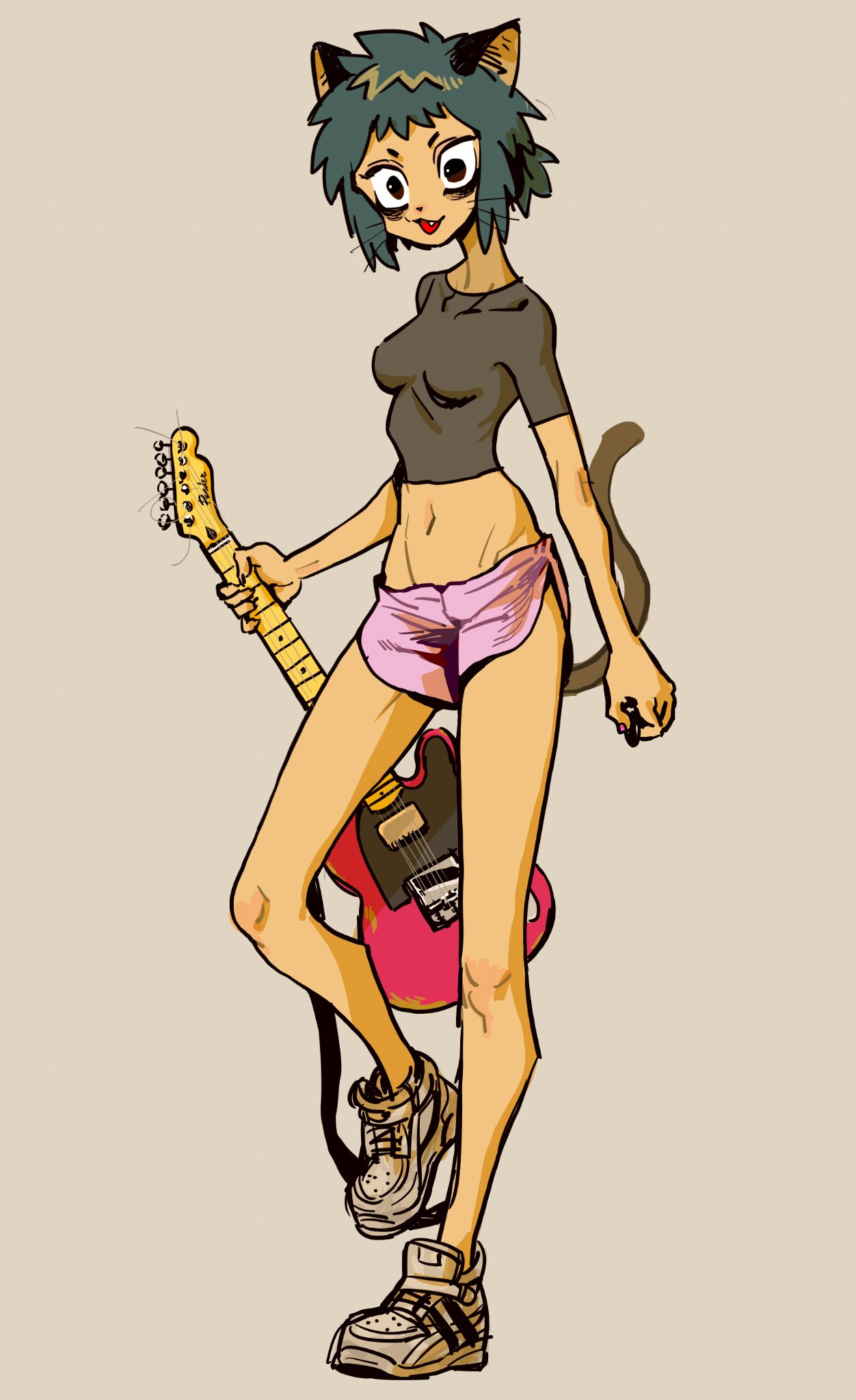 a cartoon illustration of a cool anime girl with cat ears holding an electric guitar. she is wearing a black shirt, pink shorts, and sneakers. the image is drawn in a stylized, digital art style and has a grunge, punk aesthetic.