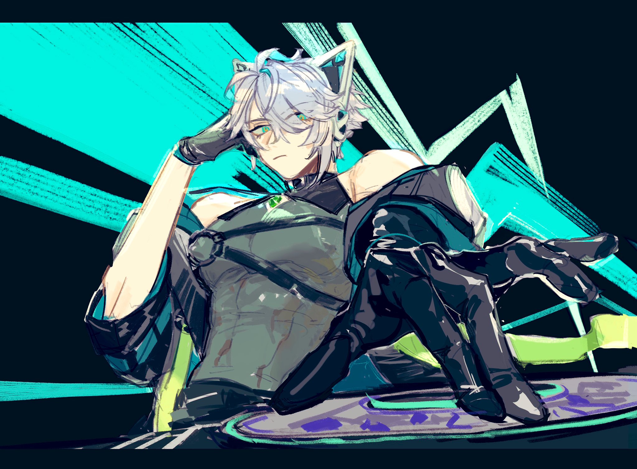 this is a digital drawing of an anime character. the character is a young male with white hair and green eyes. they are wearing a futuristic outfit with black gloves, black pants, and a green top. their hair is styled with a black cat ear headband. the background is a mixture of neon green and black colors. the male character is looking to the right. he has a serious expression on his face. it looks like he is a cyborg or robot from a science fiction anime.