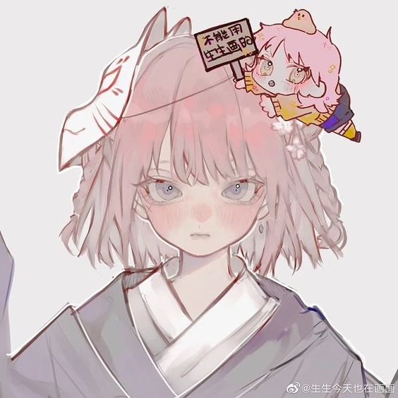 this is a digital art piece featuring a young anime girl with pink hair and blushing cheeks. she has a sullen expression on her face. the girl wears a white top with a draped collar and a dark gray overshirt. she also wears a white kitsune mask on the side of her head. a small, yellow chicklike character adorns the other side of her head. the art style is soft and delicate, with muted colors and soft lines.