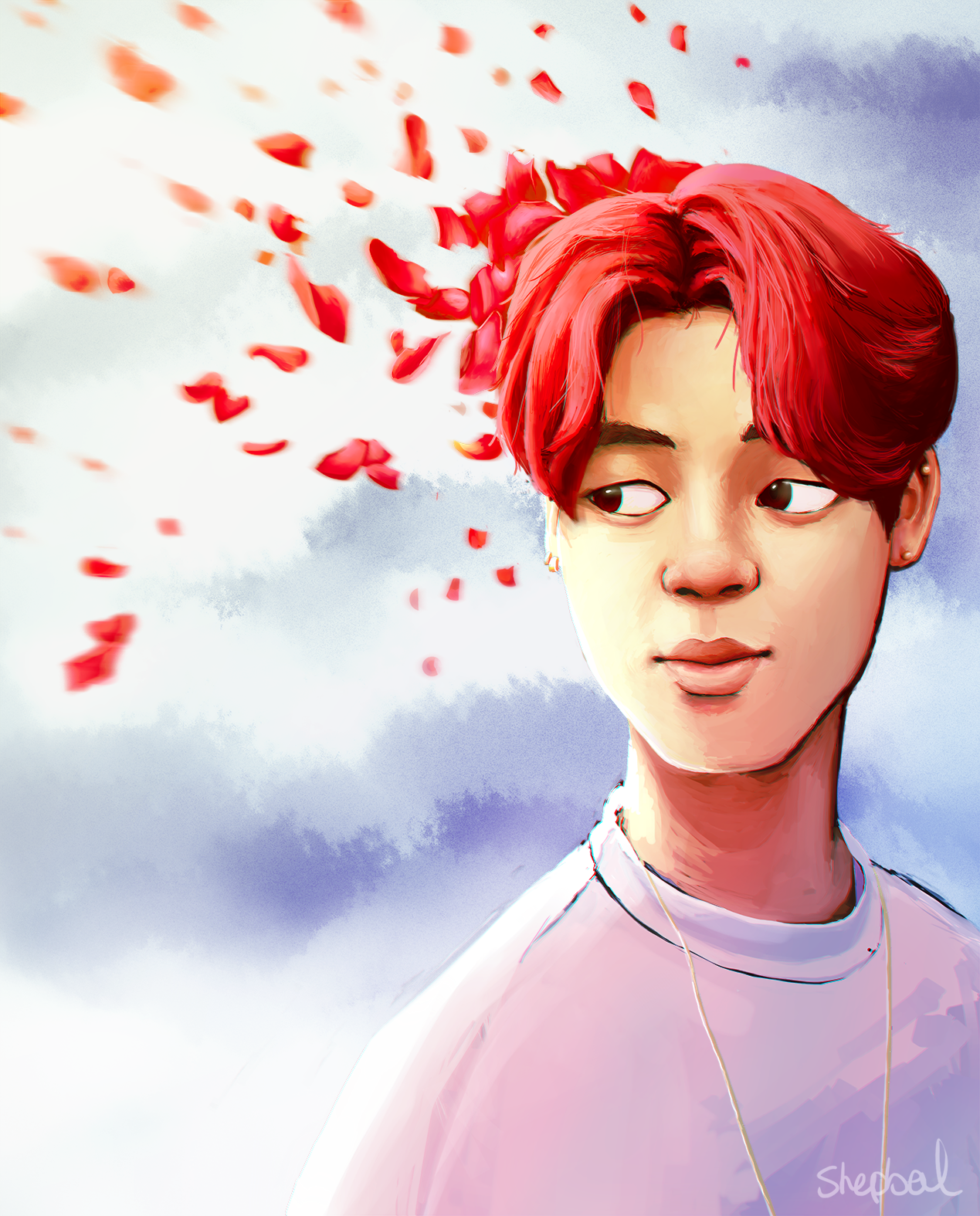 a stylized illustration of a young man from the chest up, facing right, with bright red hair.  red flower petals are bursting from his head and being carried to the left by the wind. the background is a dreamy blend of pinks, purples, and blues.
