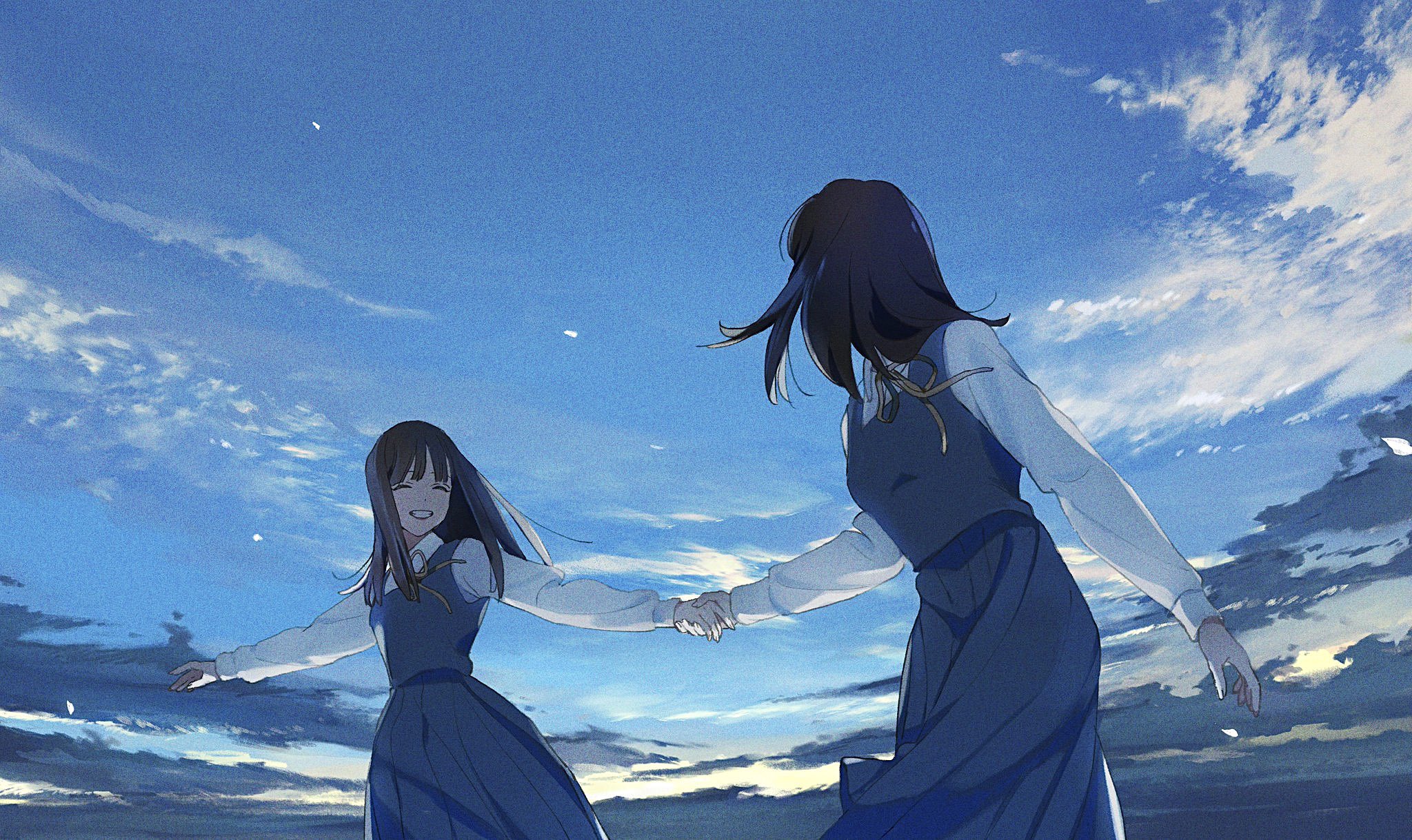 two anime girls in school uniforms hold hands and spin joyfully against a backdrop of a vast, blue sky filled with clouds. the lighting suggests it's evening, with warm hues touching the horizon.  the perspective is from a low angle, emphasizing the expansiveness of the sky and the girls' carefree movement.