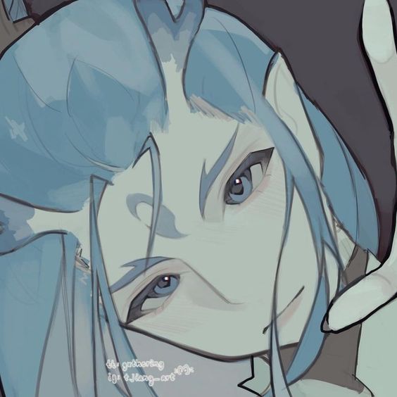 this is a digital drawing of an androgynous character with blue hair and horns. the character has long flowing blue hair and delicate features. the image is a closeup portrait with soft lighting, giving it an ethereal and dreamy quality.  the overall aesthetic is reminiscent of anime and manga styles. the color palette is primarily cool tones, further enhancing the otherworldly and serene atmosphere of the portrait.