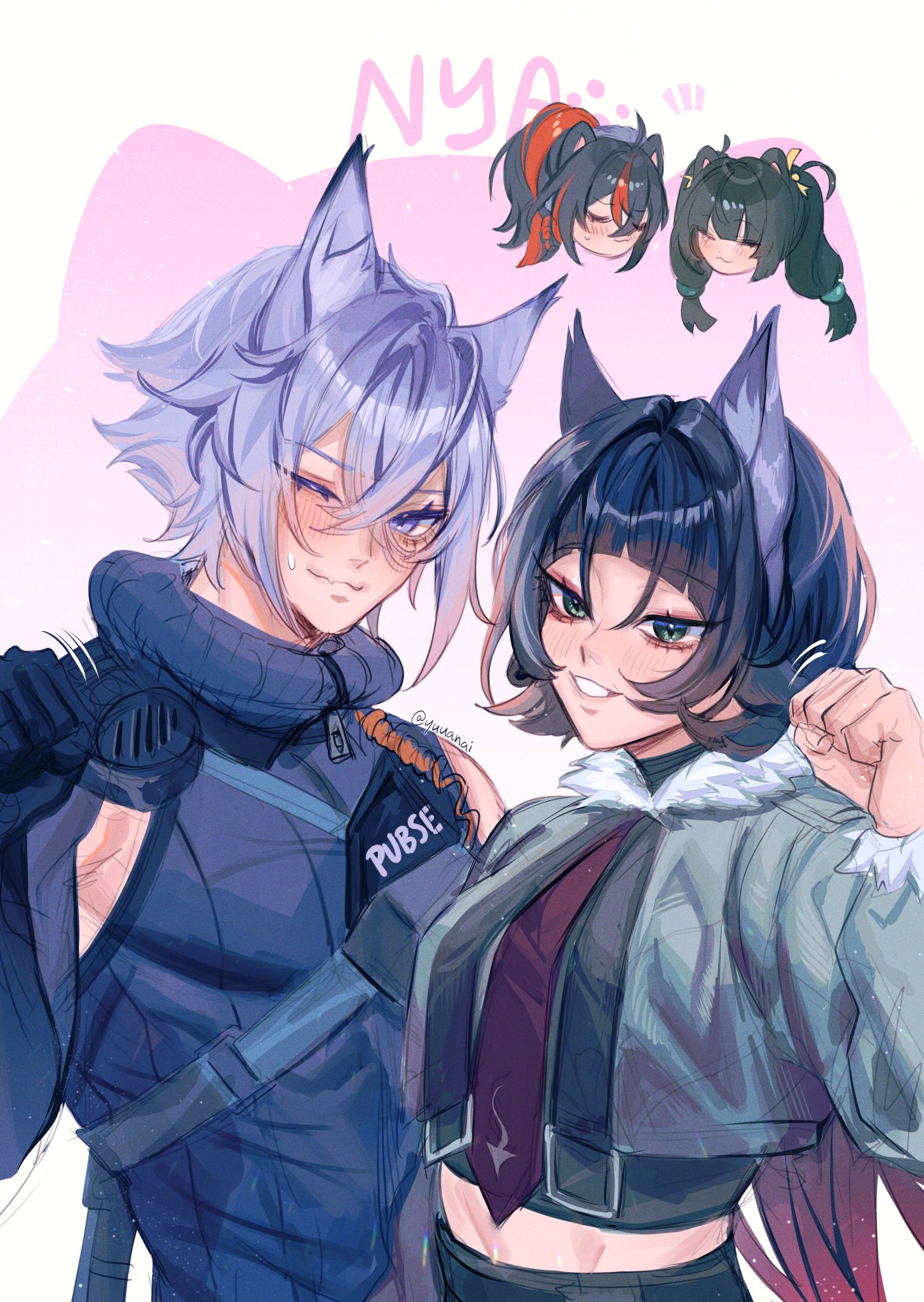 the image is a digital illustration of two anime characters. the girl on the right has blue hair with wolf ears and tail. she is wearing a light gray jacket with a red tie. the boy on the left has white hair with wolf ears and tail. he is wearing a blue vest with a black jacket. both characters are smiling and looking at the viewer. in the background, there are three smaller images of anime girls with wolf ears and tails. the overall tone of the image is lighthearted and fun.