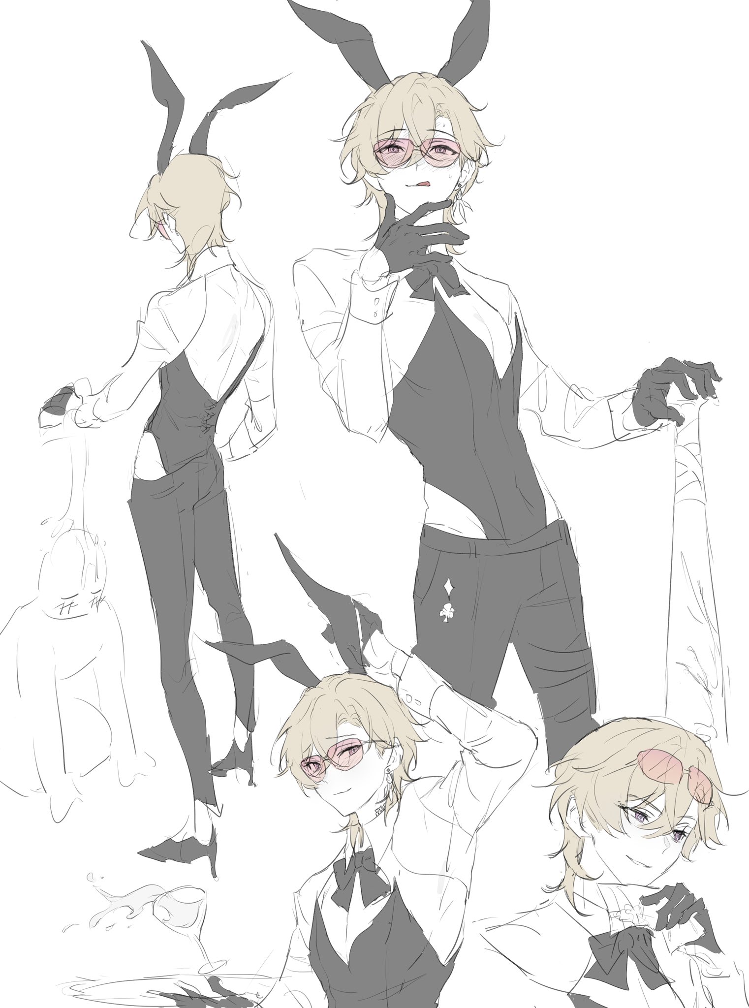 he image contains multiple sketches of a blondehaired animestyle boy character. he's depicted in various poses, all wearing a bunny ear headband and a variation of a tuxedostyle outfit that includes a waistcoat.  some sketches show him from the side or back, while others focus on his face and expression. the style is loose and sketchy, suggesting a quick study or concept art. the overall tone is elegant and cute.