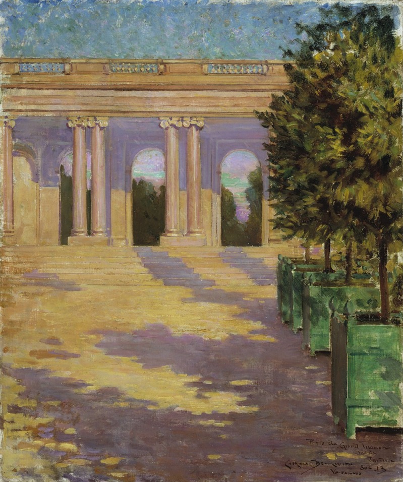 the painting depicts a sunlit courtyard scene with trees in pots casting shadows on the ground. a classical building with columns forms the backdrop. the painting style is impressionistic, capturing the play of light and shadow.