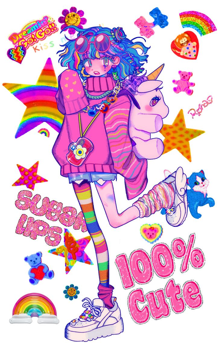 a cartoon illustration of a cute anime girl in a pink sweater, rainbow striped stockings and white sneakers, with a pink unicorn beside her.  she's surrounded by pastel colored stickers and hearts.