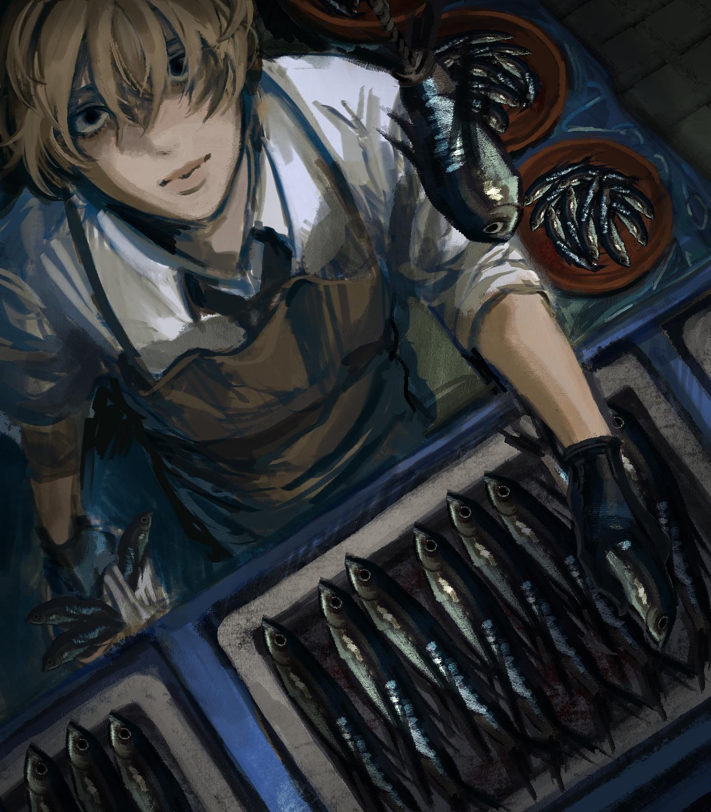 a young male fishmonger, wearing an apron and gloves, is shown selling fish from a stall in a bustling market. the image is illustrated in a digital art style.