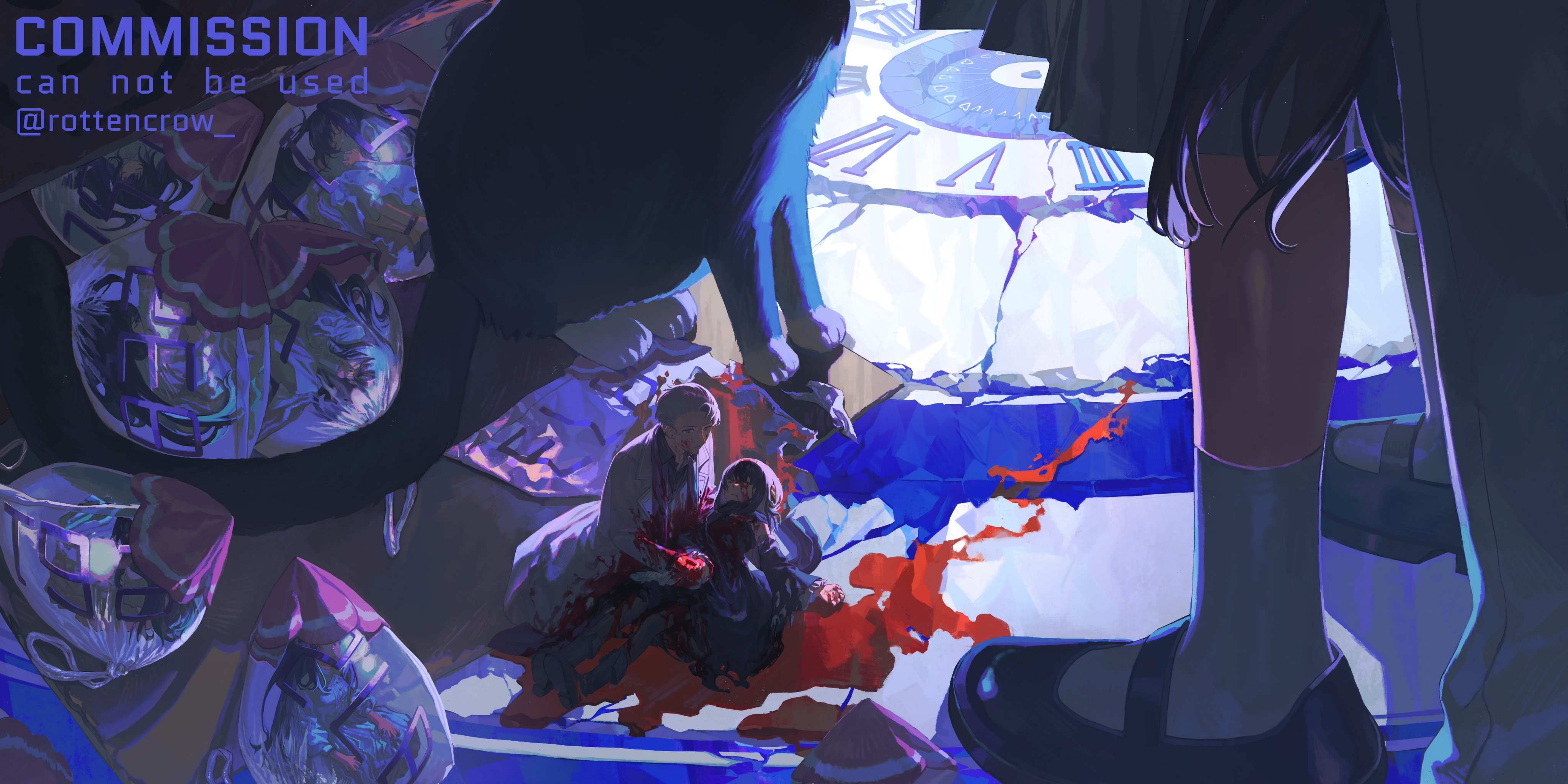 the image is a digital painting that depicts a gruesome scene. a man and woman lay on a floor covered in shattered pieces of a broken clock. the man is holding a woman who is bleeding profusely from her chest. the blood has pooled around them, creating a vivid red stain on the floor. a girl in a school uniform stands behind the man and woman, her face obscured by her long black hair. her feet are bare, and she is wearing black socks and shoes. the girl’s shoes are facing the viewer, and her right leg is outstretched, as if she is stepping on the broken clock. the image is set in a dark, shadowy room, and the only light is coming from a window in the background. the image is full of suspense and mystery, and it leaves the viewer wondering what happened to the man and woman.