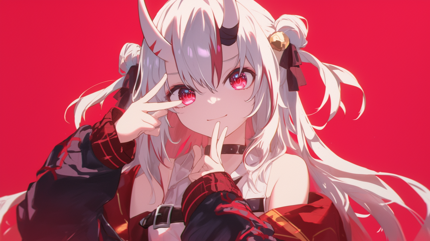 animestyle image of a girl with white hair and red eyes. she has horns on her head and is wearing a black choker, as well as a red and black jacket. she is making a peace sign with both hands and smiling. her hair is styled in buns with ribbons and small bells attached. the background is a solid red color.