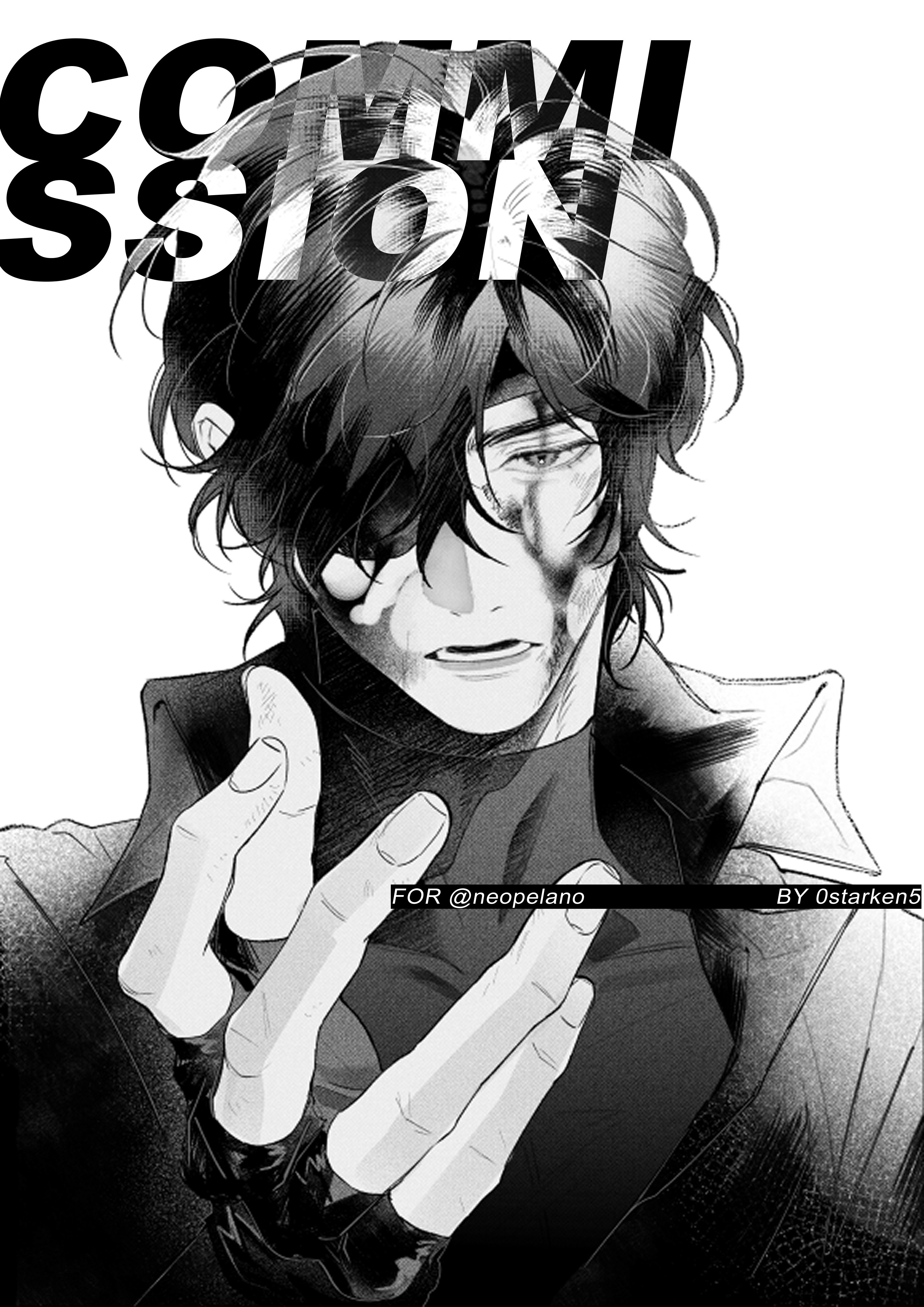 this is a black and white digital illustration of an anime character. the character is a young male with dark hair and a black eye patch. he is wearing a black jacket and has scars on his face. he looks sad and distressed. the image is a commission artwork.