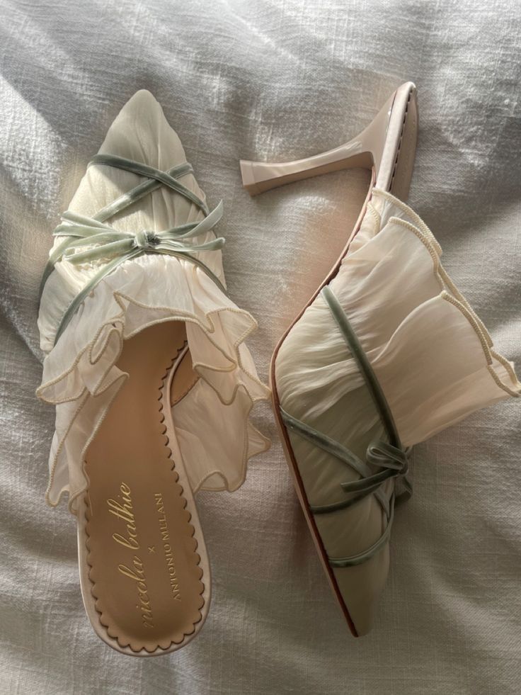 a pair of pointedtoe heeled mules with ruffled details and ribbons are displayed on a textured white surface. one shoe faces upwards showcasing the interior, while the other lays on its side.