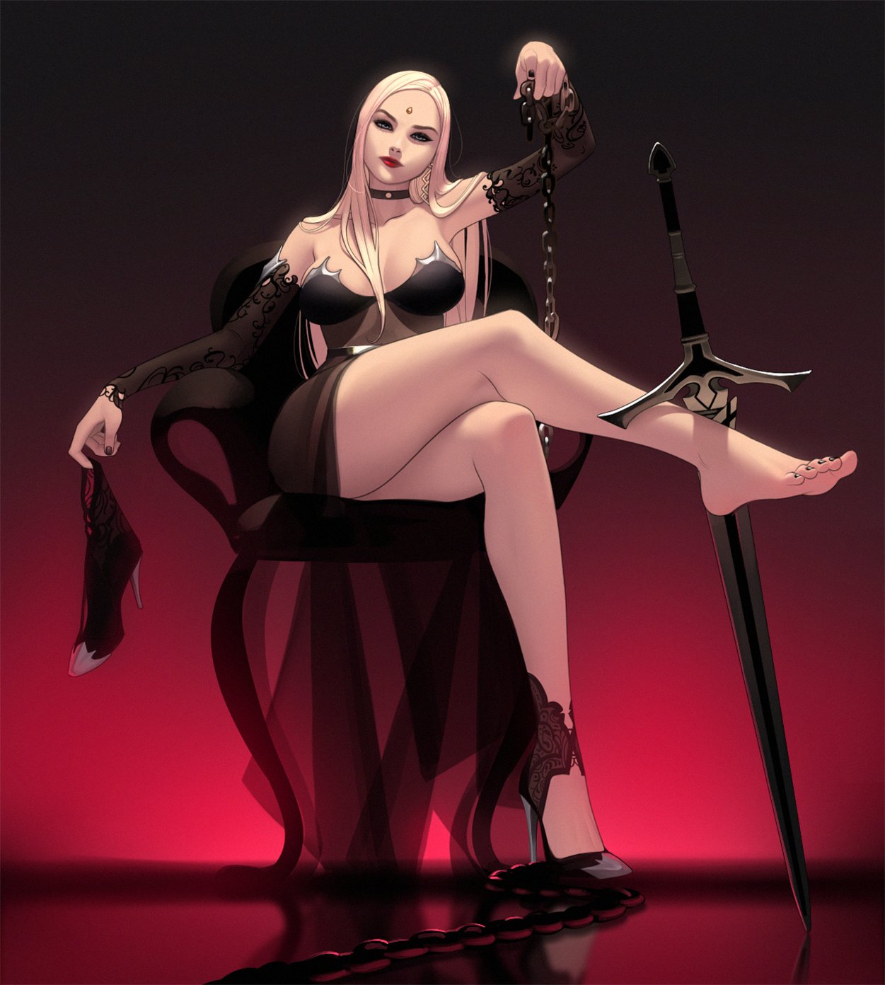 a paleskinned woman with long white hair sits powerfully on a dark, ornate throne, clad in a revealing black outfit. she holds a heavy sword upright with