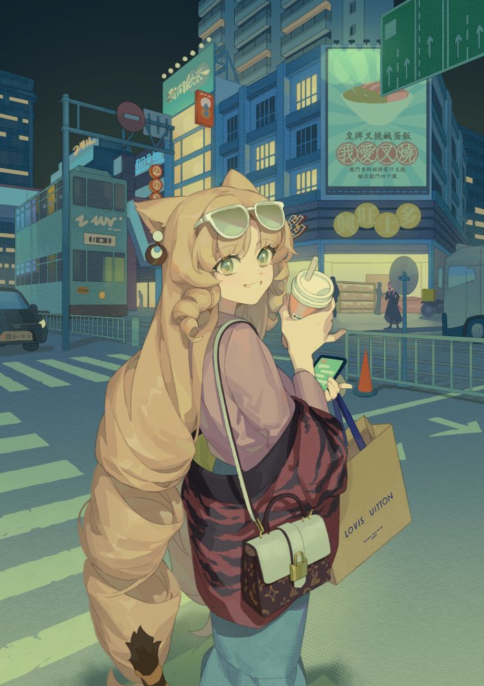 a cute anime girl in a pink shirt and black sunglasses is walking in the crosswalk at night in a brightly lit city street. she's carrying a louis vuitton handbag and holding a drink in her right hand.