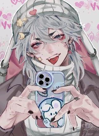 the image is a digital illustration of a young animestyle male character with long, white hair. he's wearing a pink and white beanie, a turtleneck sweater, and a jacket. he's holding up a phone with a cute bunny phone case, taking a selfie. the overall style is pastel, cute, and slightly mischievous, with a playful expression on the character's face. the background features pastel hearts and stars. the art style is soft and delicate, with a focus on detail in the hair, clothing, and phone case.