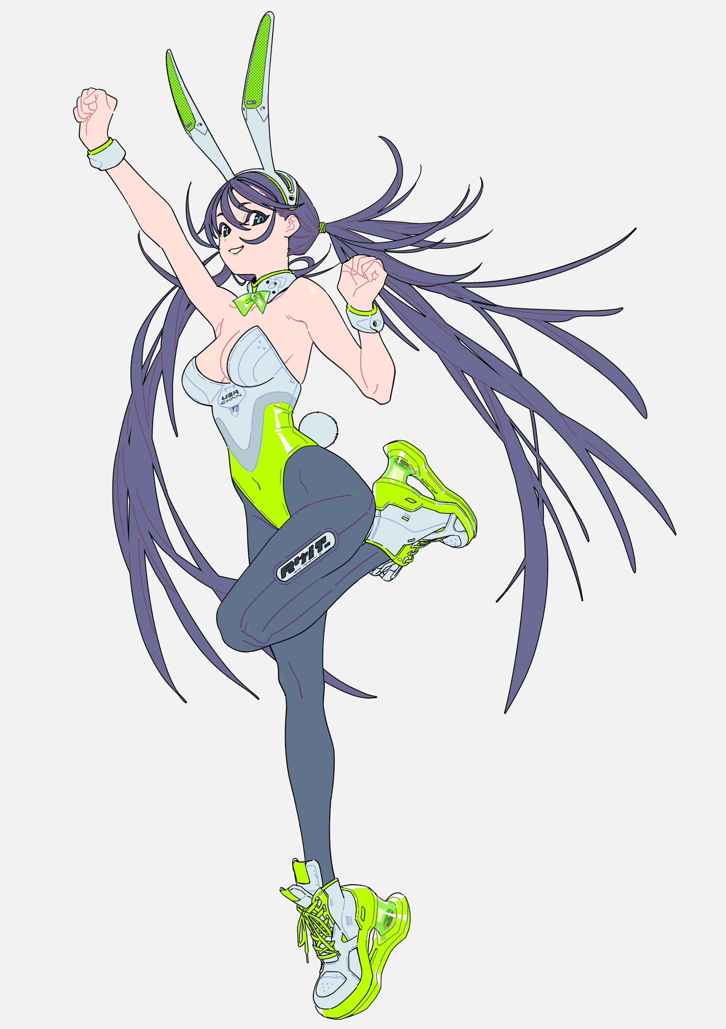 he image is a digital illustration of an animestyle girl dressed in a futuristic bunny girl outfit. the outfit is primarily white and lime green, with grey accents. she has long purple hair that flows dramatically behind her as she jumps energetically. her shoes are chunky neongreen sneakers, and her bunny ears are also a technological design. the overall style is vibrant and playful, combining elements of anime, futuristic fashion, and dynamic movement. the art style is clean and crisp, with sharp lines and bold color choices.  the background is a simple light grey, allowing the character to be the focal point.
