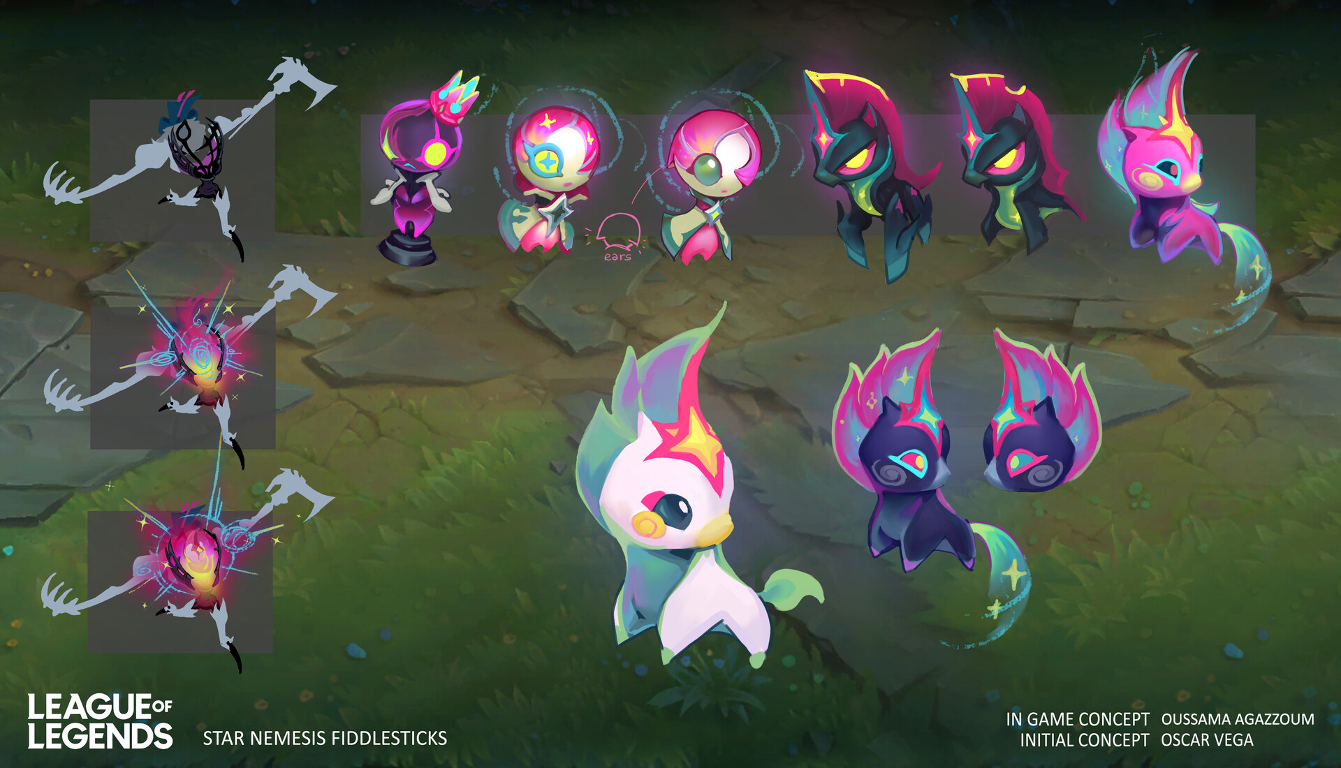 this is a concept art piece for a star nemesis fiddlesticks skin in league of legends. it features a collection of characters, including a unicornlike creature, a horselike creature, and a shadowy figure. the artwork is filled with vibrant colors and intricate details, showcasing a magical and fantasythemed style. it is likely a work in progress, as different iterations of the characters are shown with notes indicating different design elements. this concept art is crucial in the development process of a new skin, allowing designers to visualize and iterate on ideas before they are brought to life in the game.