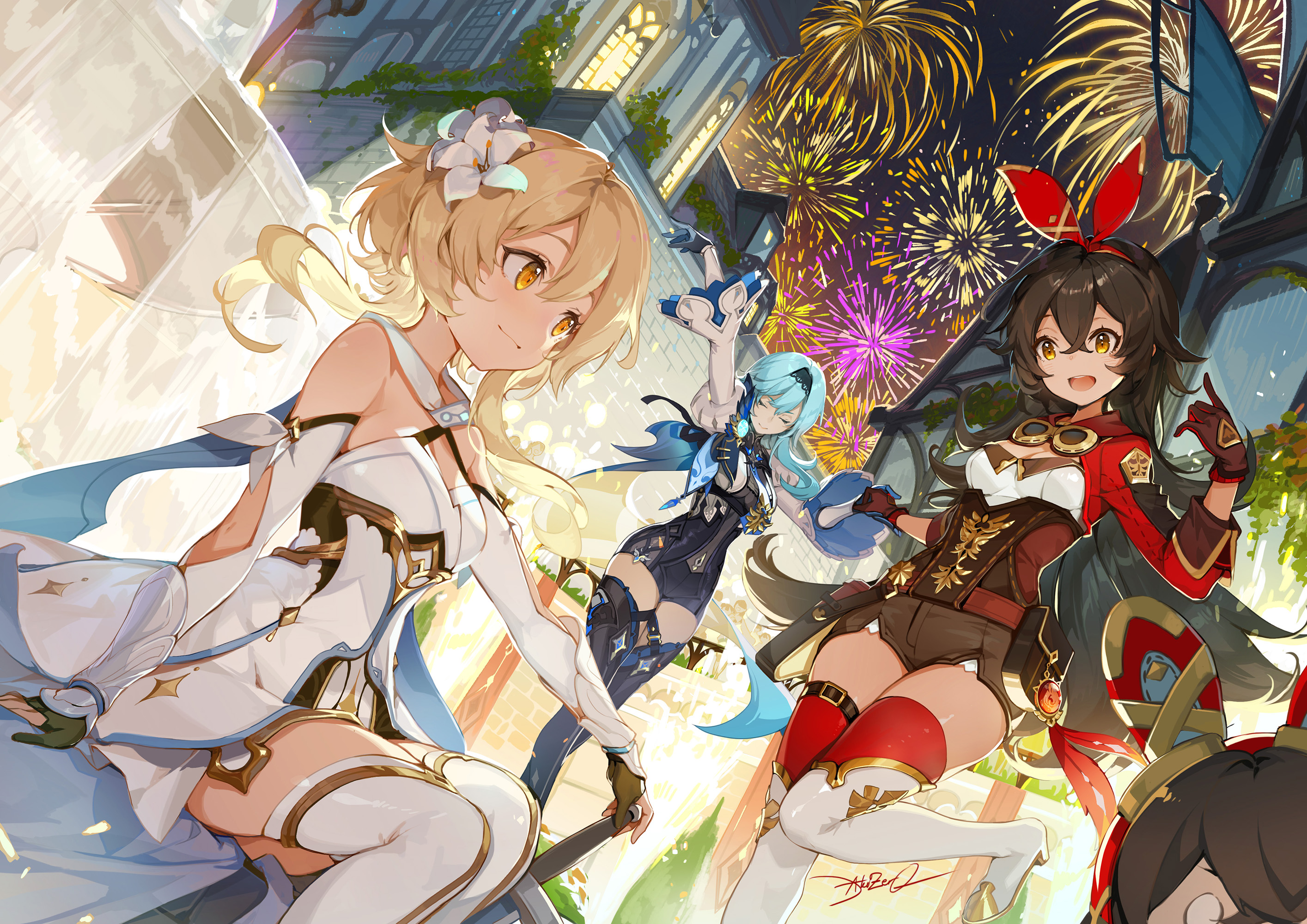a vibrant digital fanart depicting four female characters from the popular video game genshin impact. they are dressed in festive attire, celebrating amidst a dazzling fireworks display. the style is animeinspired, with bright colors and detailed character designs. the scene is set in a whimsical, fantasylike city.  each character is distinct in appearance and costume, showcasing their individual personality. the overall mood is joyous and celebratory.