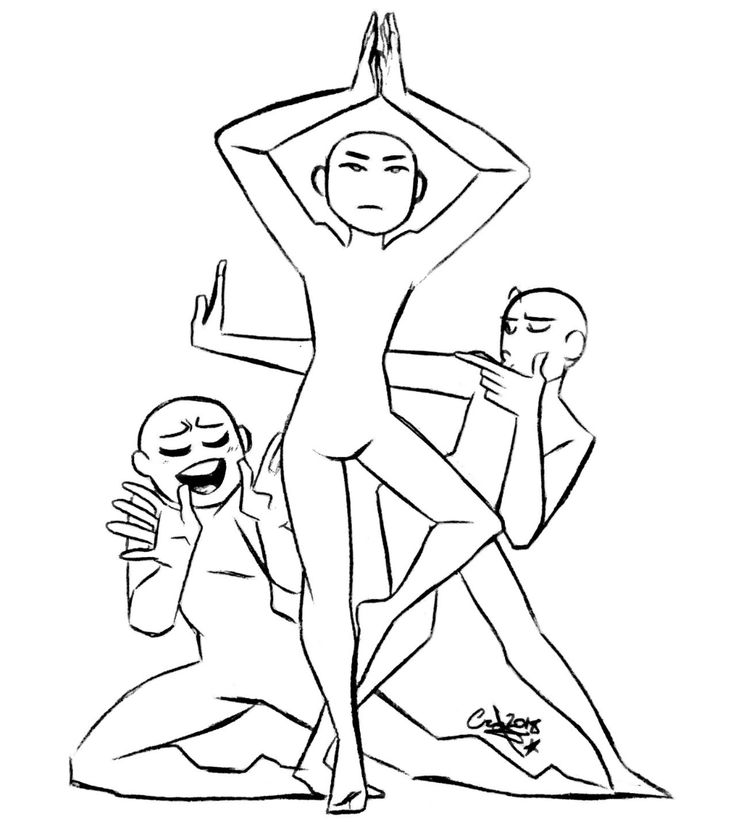 this is a drawing base with three figures in a pose. the figure in the middle is standing in a yoga pose with their arms raised, the figure on the left is kneeling and facing the figure in the middle, and the figure on the right is standing with their hand on their chin. the drawing is done in black and white. it can be used as a template for creating art, sketches, and designs.