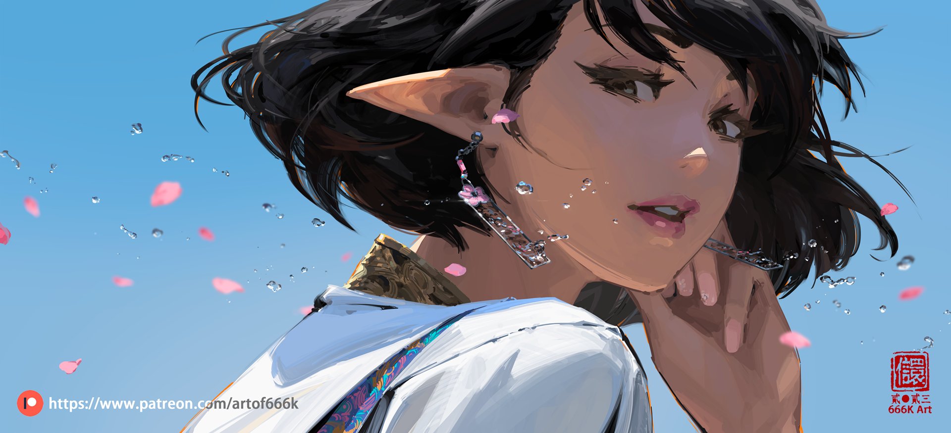 the image is a digital painting of a young animestyle woman with elflike ears. she has short, dark hair that flows slightly in the breeze, and she is wearing a lightcolored top with an intricate, possibly asianinspired design.  pink flower petals are falling around her as water droplets splash near her face. the background is a clear, bright blue sky. her expression is serene, almost dreamy. the overall style is painterly, with soft brushstrokes and a focus on light and shadow to create depth and mood.  a watermark/signature bearing the artist's name "666k art" is visible in the bottom right corner, along with a patreon link.