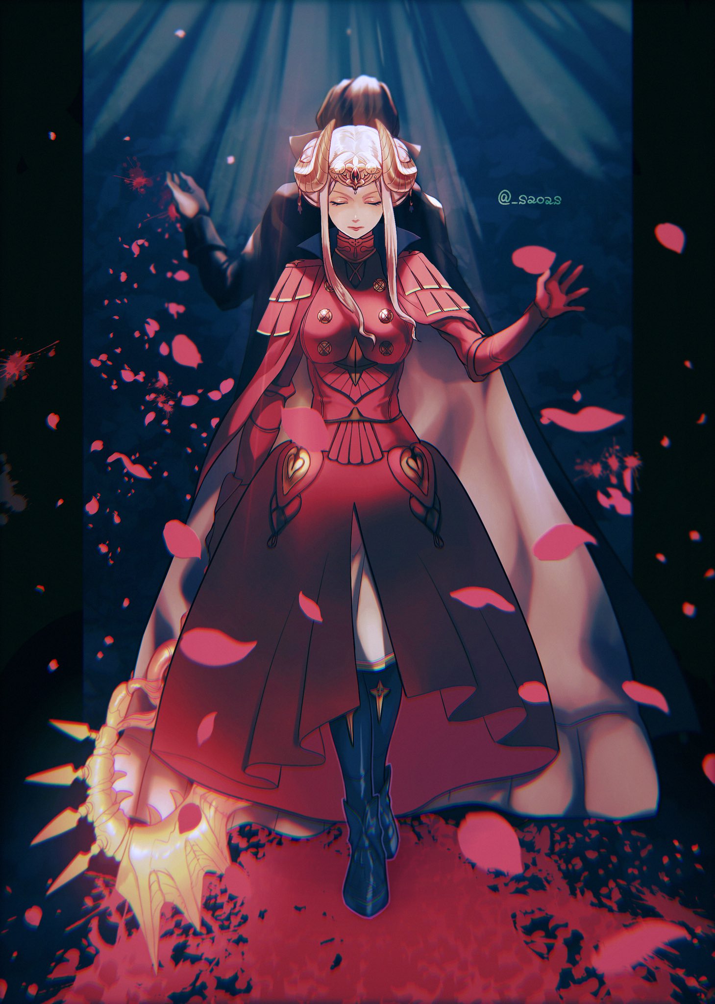 the image is a digital painting or illustration of a female anime character, possibly fanart of a character from fire emblem: three houses. she is dressed in a long, elegant red dress with a cape, and she has long white hair and a crown. pink petals are falling around her.  a darker figure, possibly a shadowy male character, is partially visible behind her. the overall mood is mysterious and elegant, with a dark and slightly fantastical setting. the style is highly detailed and reminiscent of anime and video game art. the background is dark, and the red of the dress contrasts sharply with it. the character's expression is serene and slightly melancholic. the image shows a high level of artistic skill and attention to detail.