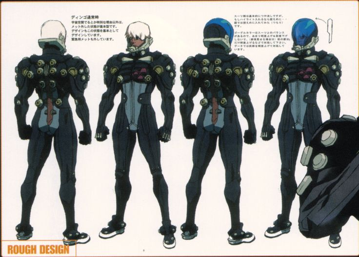 this image shows a character design sheet for a character seemingly from an anime or manga series. the character is depicted in a futuristic, almost cyberpunkstyle suit with a helmet. the design sheet provides multiple views of the character, including front, back, and side views, showcasing the details of the suit's design. the artwork appears to be a rough design, as indicated by the text "rough design".  japanese text is present, likely describing aspects of the character or design choices.  a portion of what seems to be a larger mechanical device is visible in the lower right corner. the overall style suggests a mecha anime or similar genre.