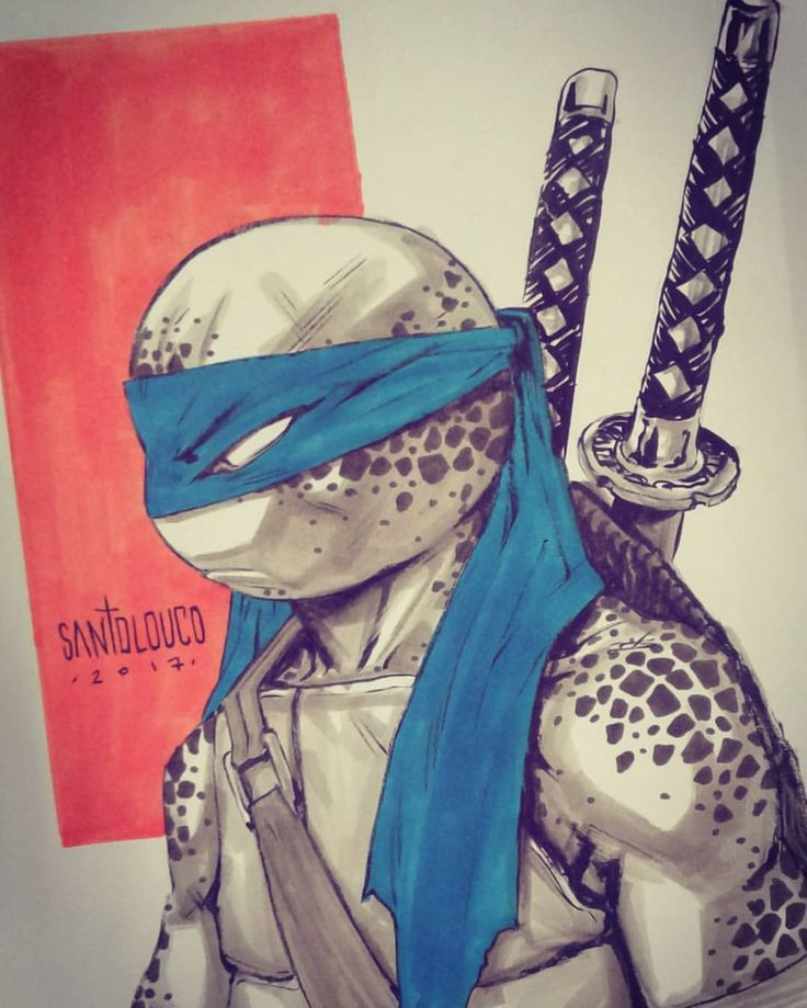 a black and white handdrawn illustration of leonardo, the ninja turtle wearing a blue mask and holding two katanas. the background is red, and the illustration is done in a comic style with a lot of detail.