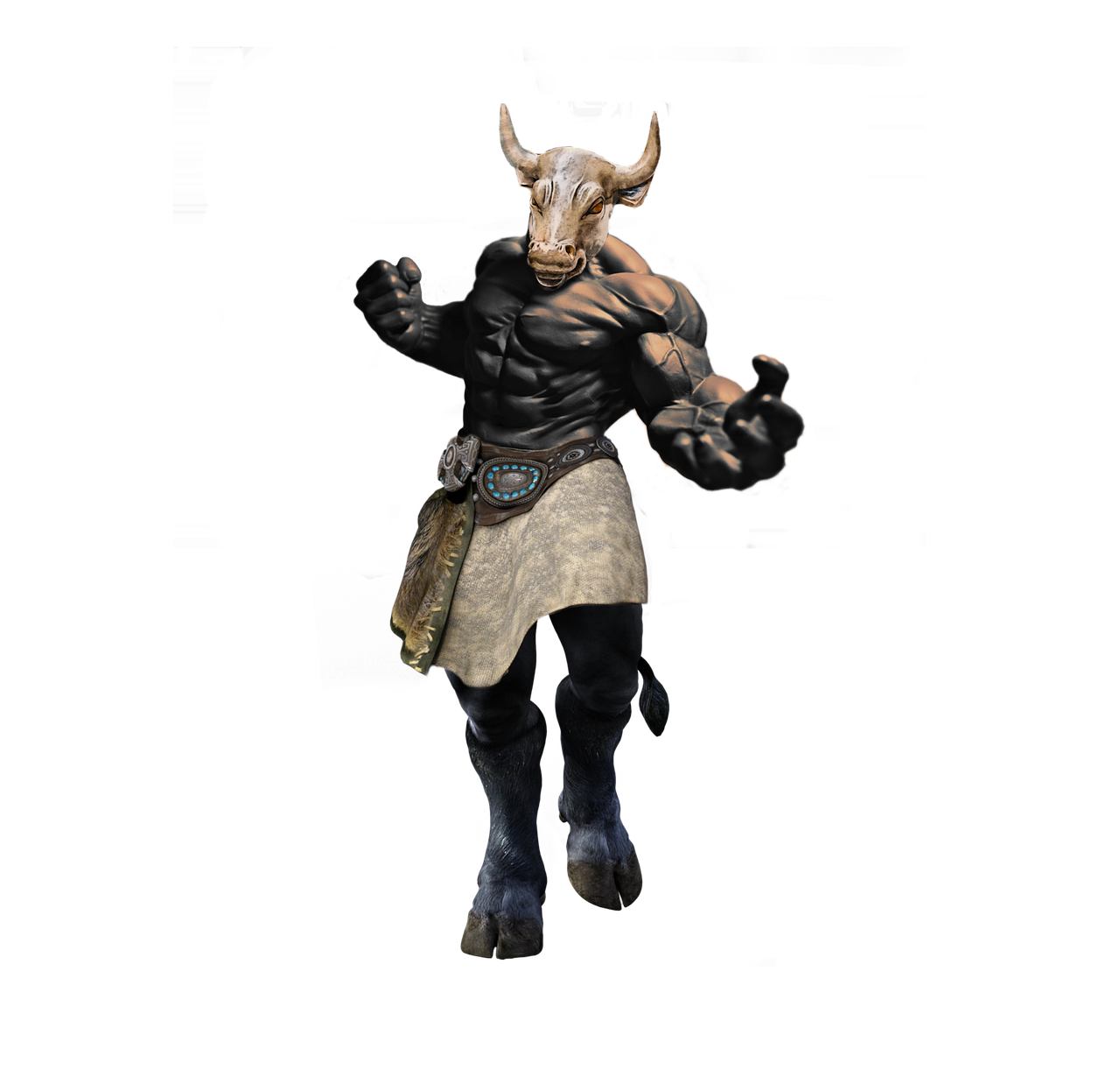 a muscular, fantasy creature with a bull's head and human body stands against a black background. it has a loincloth and a belt with turquoise stones. the creature is posed with its hands out, as if ready to attack.