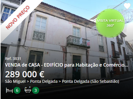 a photo of a twostory house for sale in ponta delgada, sao miguel, azores. the white building has a balcony and several windows. the house looks to be in a residential area with a road in the foreground. the image also has text overlay with details about the property, including a virtual tour feature.