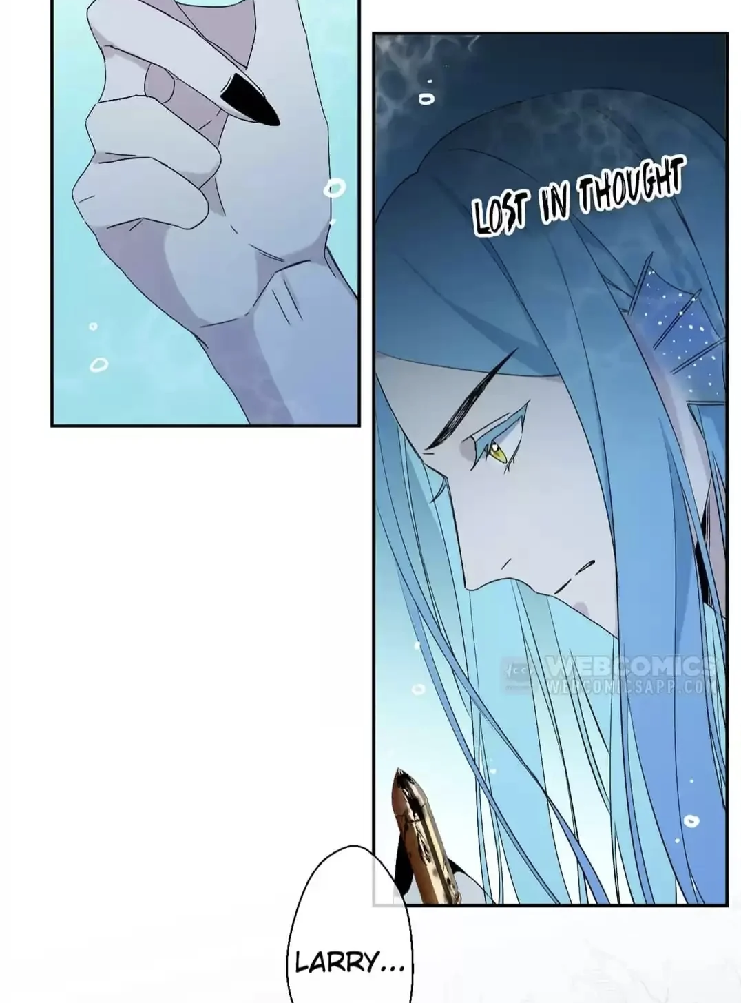 the image is a panel from a manga or comic book. it features a young, elegant mermanlike character with long, flowing blue hair, lost in thought. he is underwater, surrounded by bubbles. a closeup of a hand with dark nails is shown in a separate panel. the word "larry..." is written at the bottom, suggesting a name or a thought. the overall style is dramatic and visually appealing.