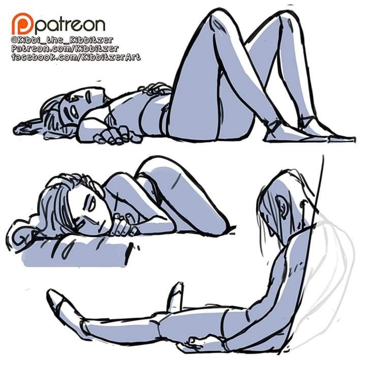 the image shows three female figures in different poses.  the first figure is lying on her back with her legs bent and her arms by her side. she is looking to her side and smiling.  the second figure is lying on her side, with her arms under her chin. she is looking to her left and smiling.  the third figure is sitting in a reclined position with her right leg stretched out and her left arm resting on her left leg.  she is leaning her head on her left hand.  she is looking down and has a sad expression.   all figures are drawn in a sketchy style with minimal detail.
