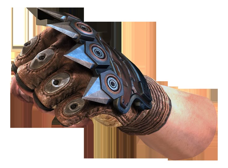 a fist clenching in a glove that has steampunkstyle metal blades and gears attached to it, creating a weaponized hand.