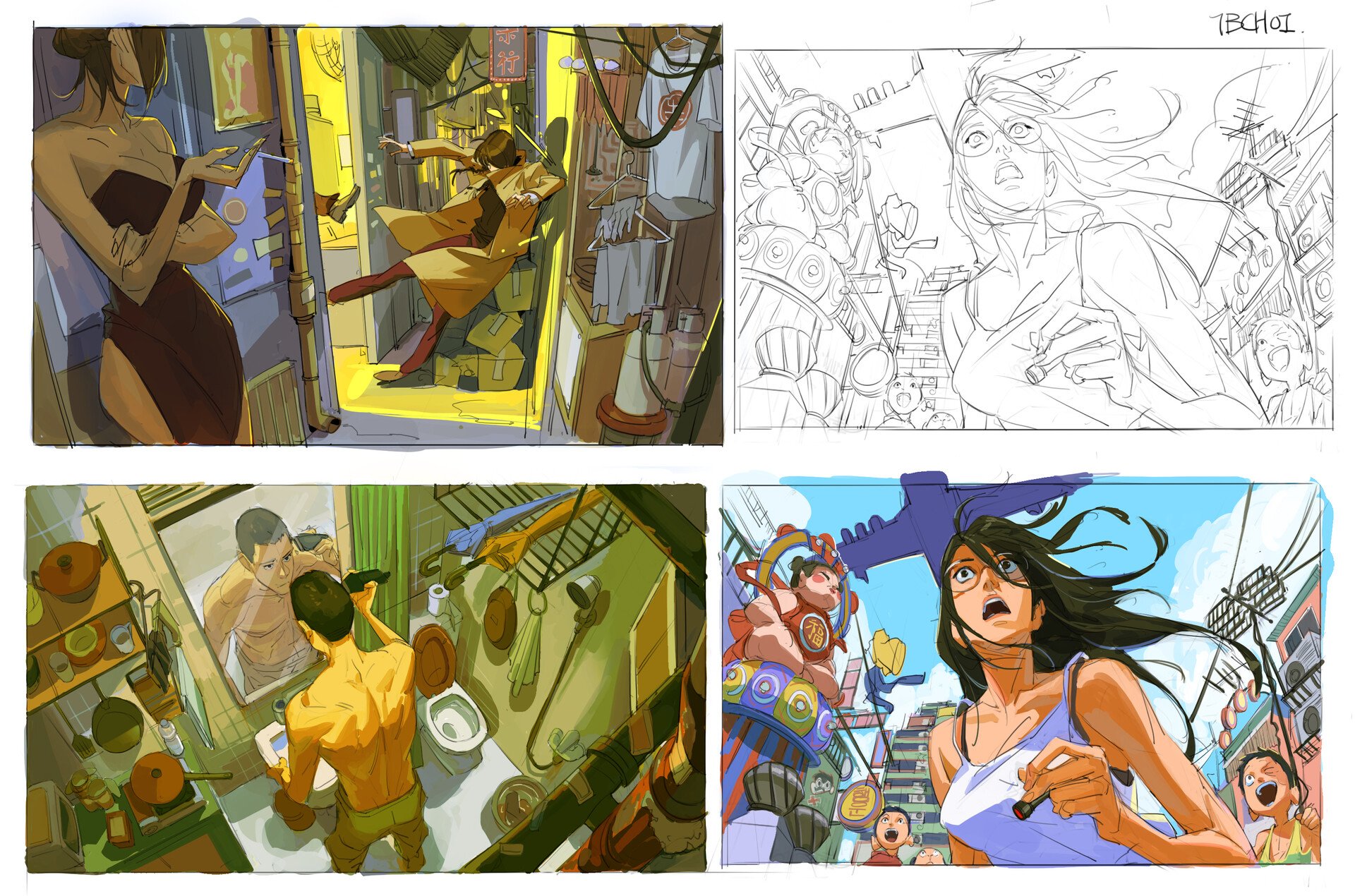 he image is a fourpanel digital artwork showcasing different stages of an illustration, possibly for a comic book or graphic novel.  the style is reminiscent of manga or anime, with dynamic poses and vibrant colors. top left panel: shows a woman in a dark dress observing a man falling in a cluttered, dimly lit alleyway, which appears to be in a busy asian city. the scene is rendered with rich colors and shadows. top right panel: displays a pencil sketch of a woman with glasses, her hair blowing, amidst a chaotic urban backdrop. it provides the initial linework and composition for the final art. bottom left panel: depicts a man shaving in a bathroom inside an apartment. the scene focuses on intimate daily life and is filled with details from the apartment's interior. bottom right panel: a colorful and dynamic street scene shows a woman running down a busy hong konglike street, her hair flying, capturing a moment of energy and movement.  the vibrant background includes details like street signs, buildings, and other people,  creating a busy and atmospheric backdrop.the artwork demonstrates a clear progression from sketch to a fully realized painting, showing a blend of detailed backgrounds and expressive character work. the artist uses a diverse range of colors, shades, and linework to build an interesting narrative across the four panels.